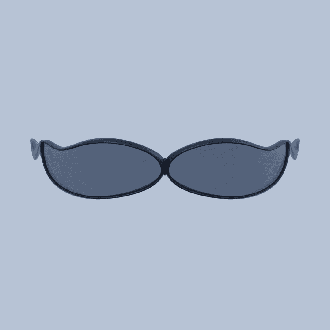 Front view of a dark wraparound sunglass frame on a pale blue ground, two long ovals meeting at a pinch in the centre.