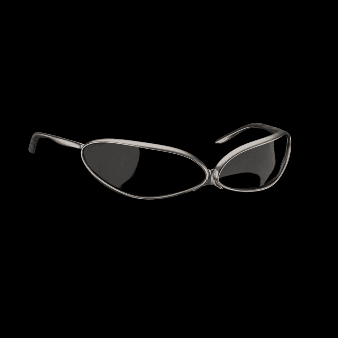 The polished metal version in three-quarter view on black, a thin bright rim tracing each dark lens.