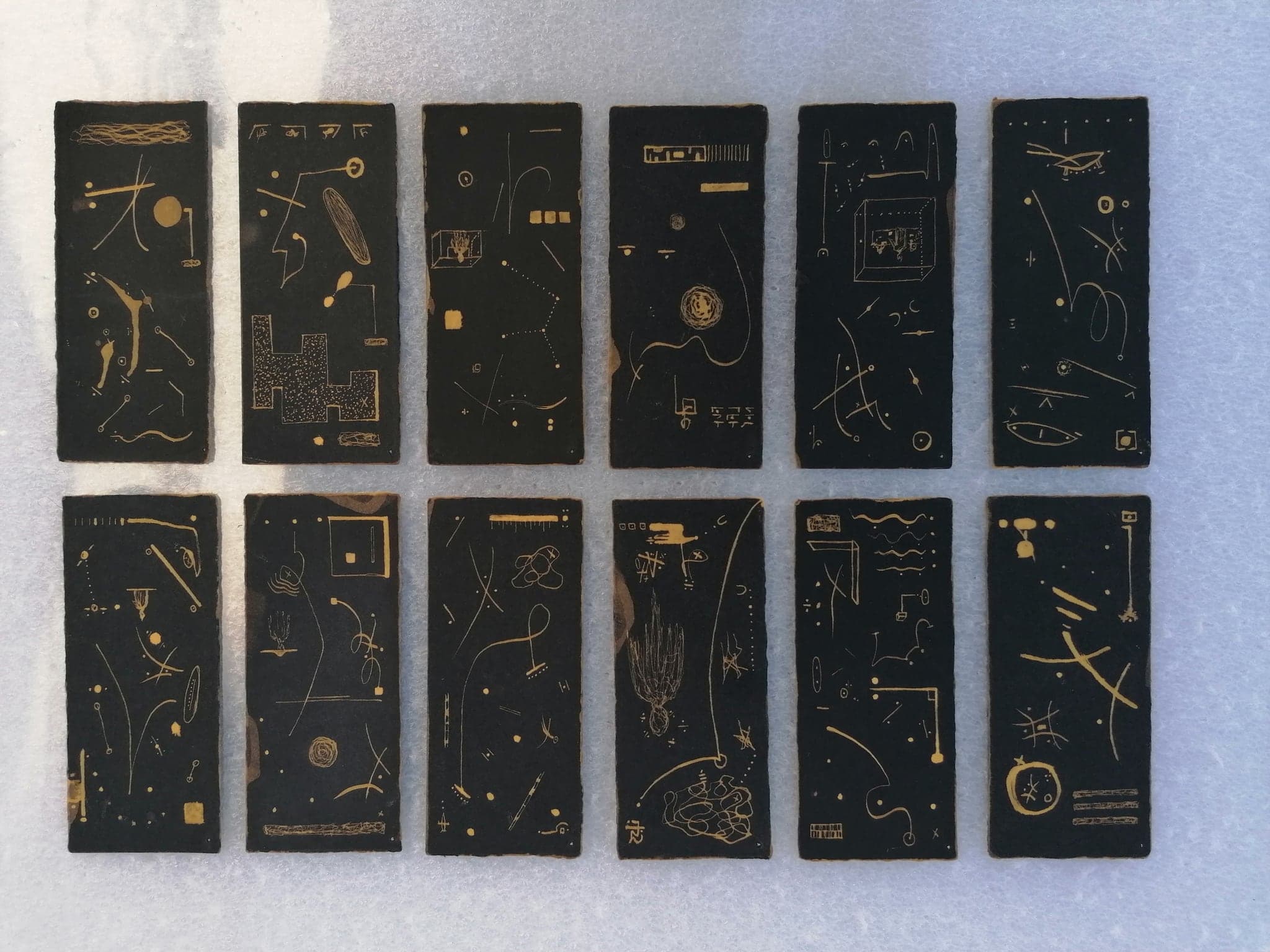 The twelve cards from a low angle in raking light, the torn edges of the card casting shadows