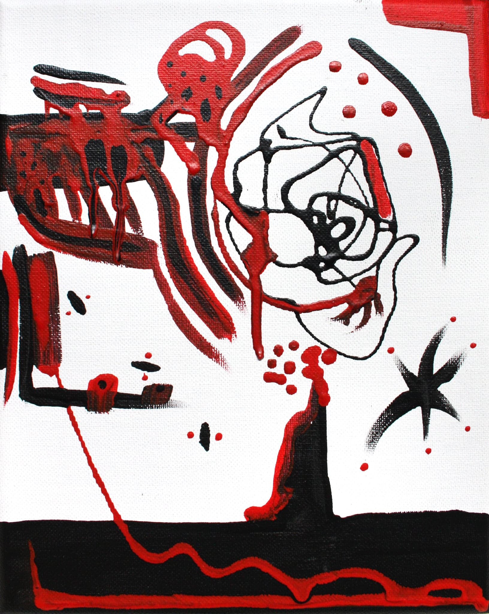 A canvas crowded with red and black marks: a scribbled knot at the centre, a black star, a heavy black and red mass along the bottom edge