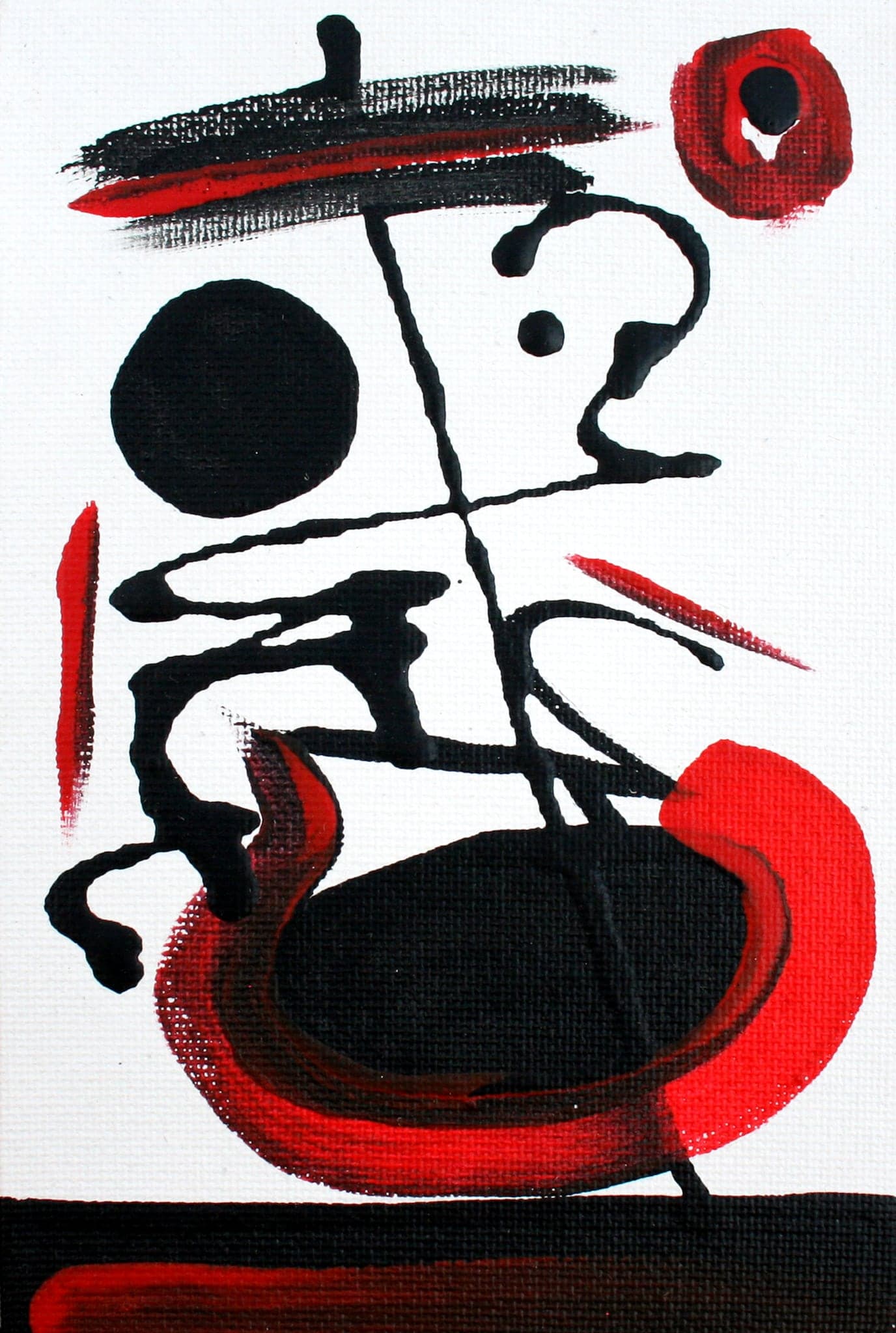 An upright canvas with a solid black disc, a black line falling through it and a red bowl shape at the base