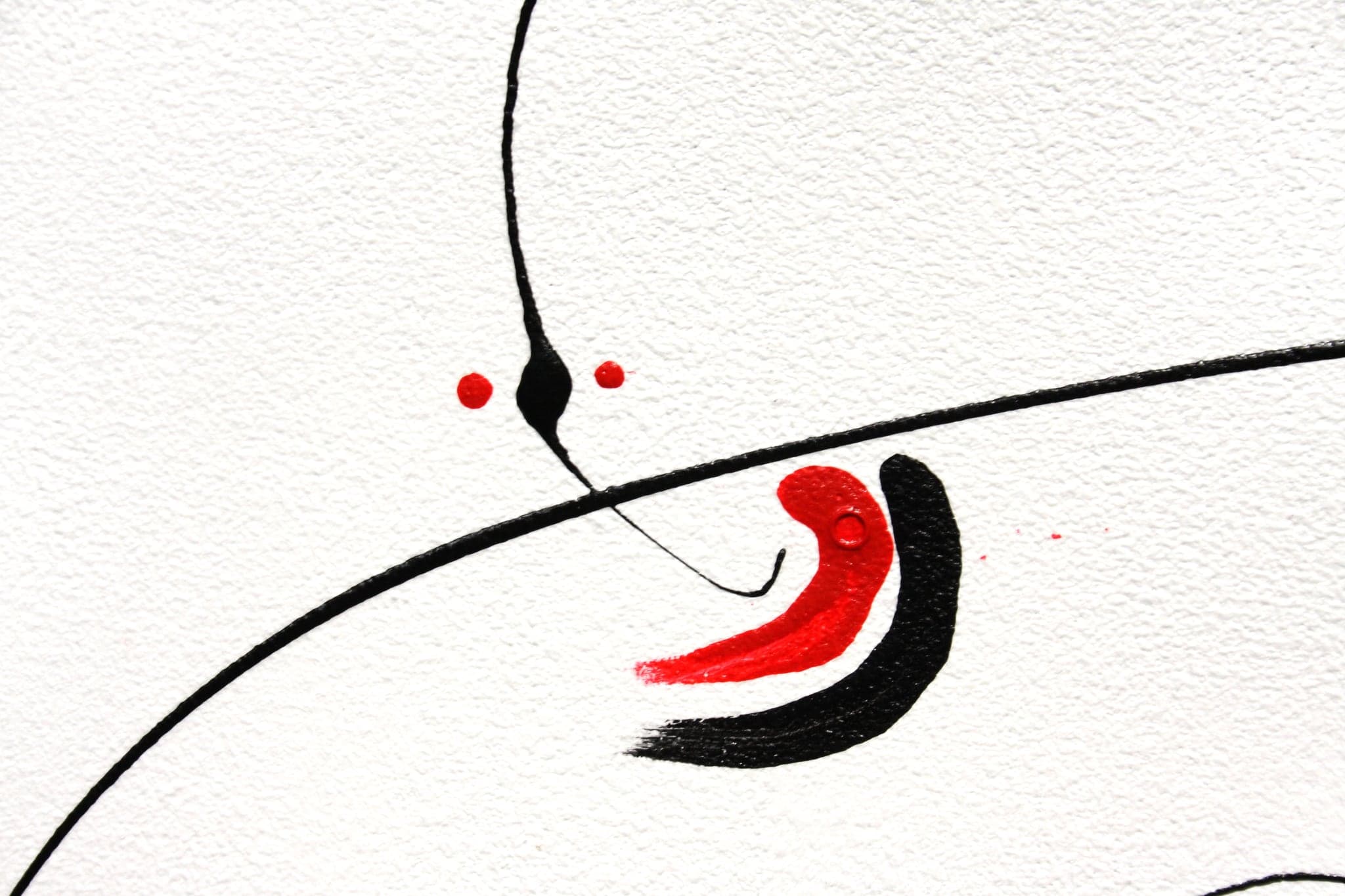 A nearly empty white canvas with one long thin curve, two red dots and a small black and red hook
