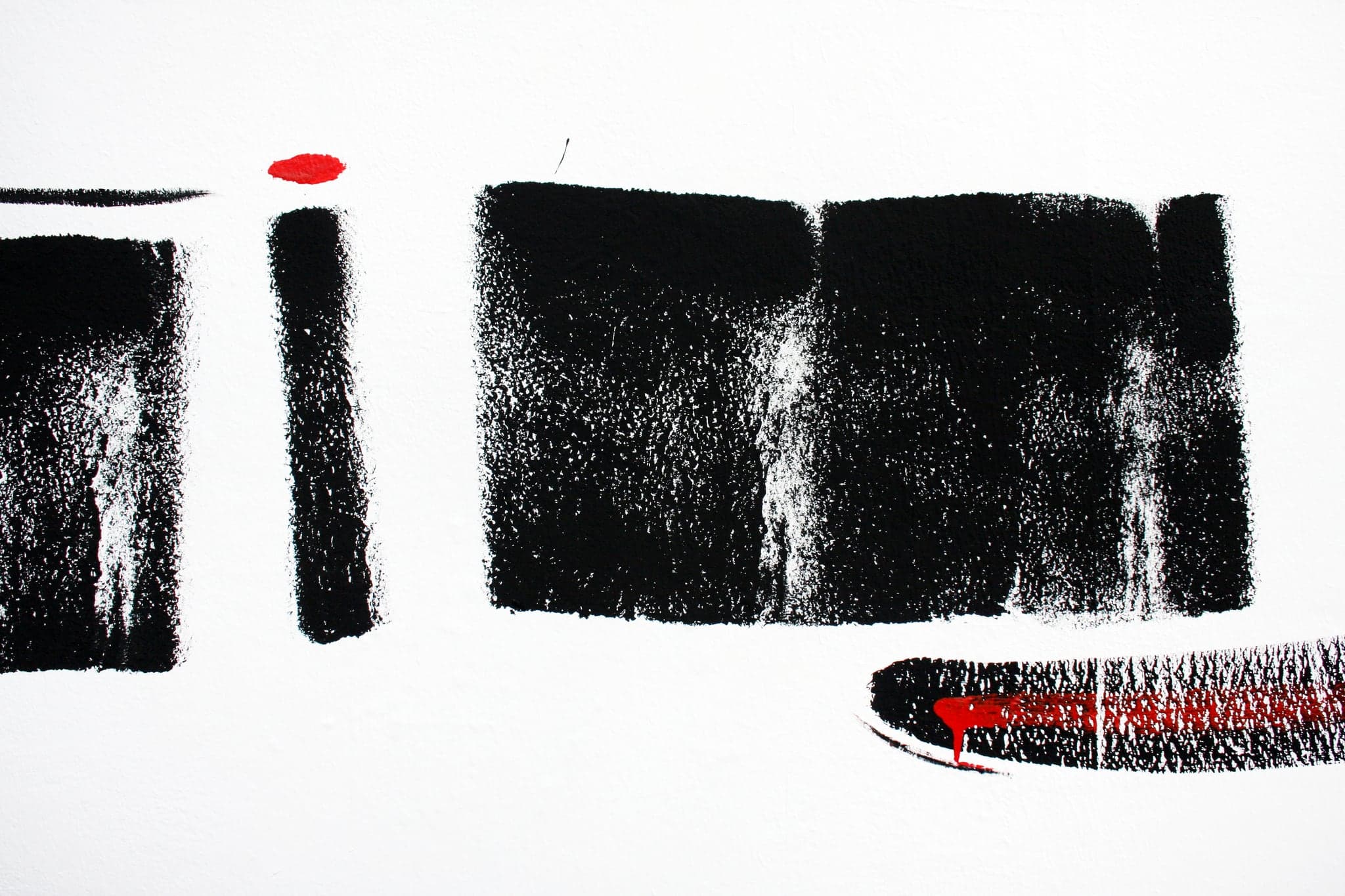 Four heavy black bars dragged across white canvas with a small red dot above and a black and red streak below
