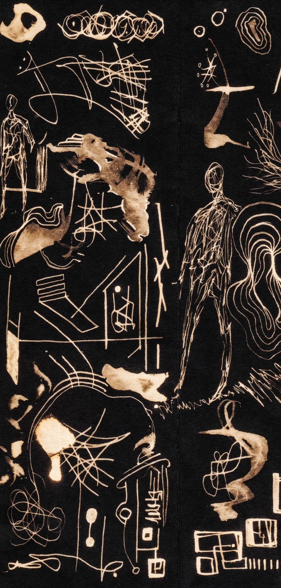 The left third of the sheet: a standing figure, a dog with a scorched body, ruled diagrams and a bright spill at the bottom
