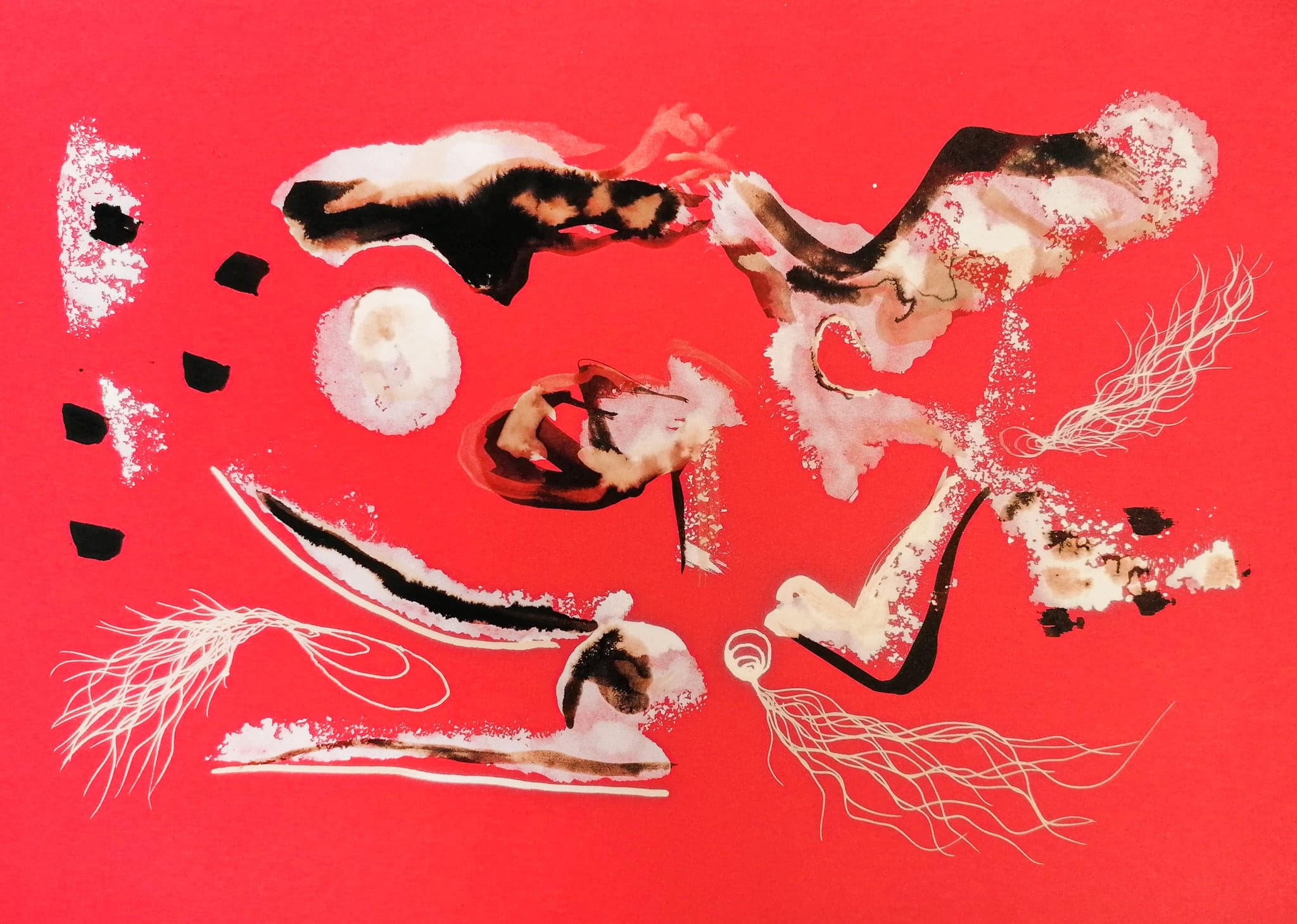 A red card with broad cream and black masses across the top, a white disc, and fine white roots spreading along the bottom edge