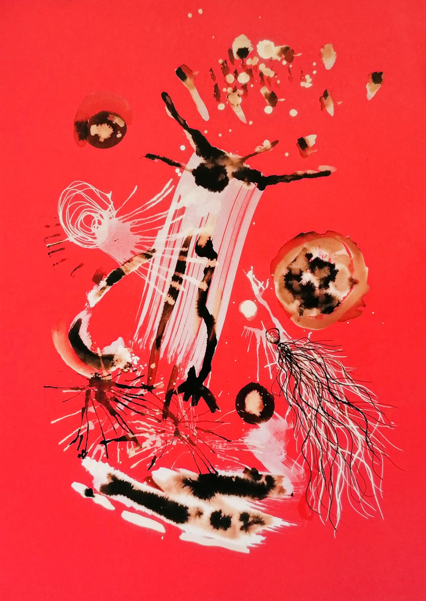 A red card with a tall standing burst of white and black at its centre, arms spreading outward, a scorched disc to its right