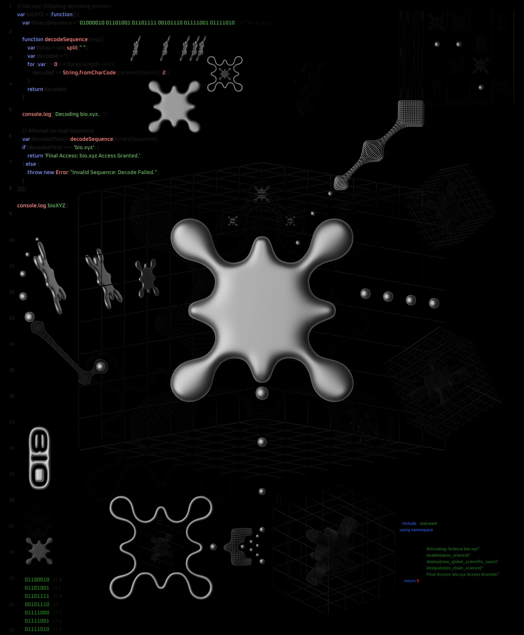 The full back graphic on black: a bright white molecular blob at the centre, surrounded by source code, binary columns, chromosomes and wireframe cubes.