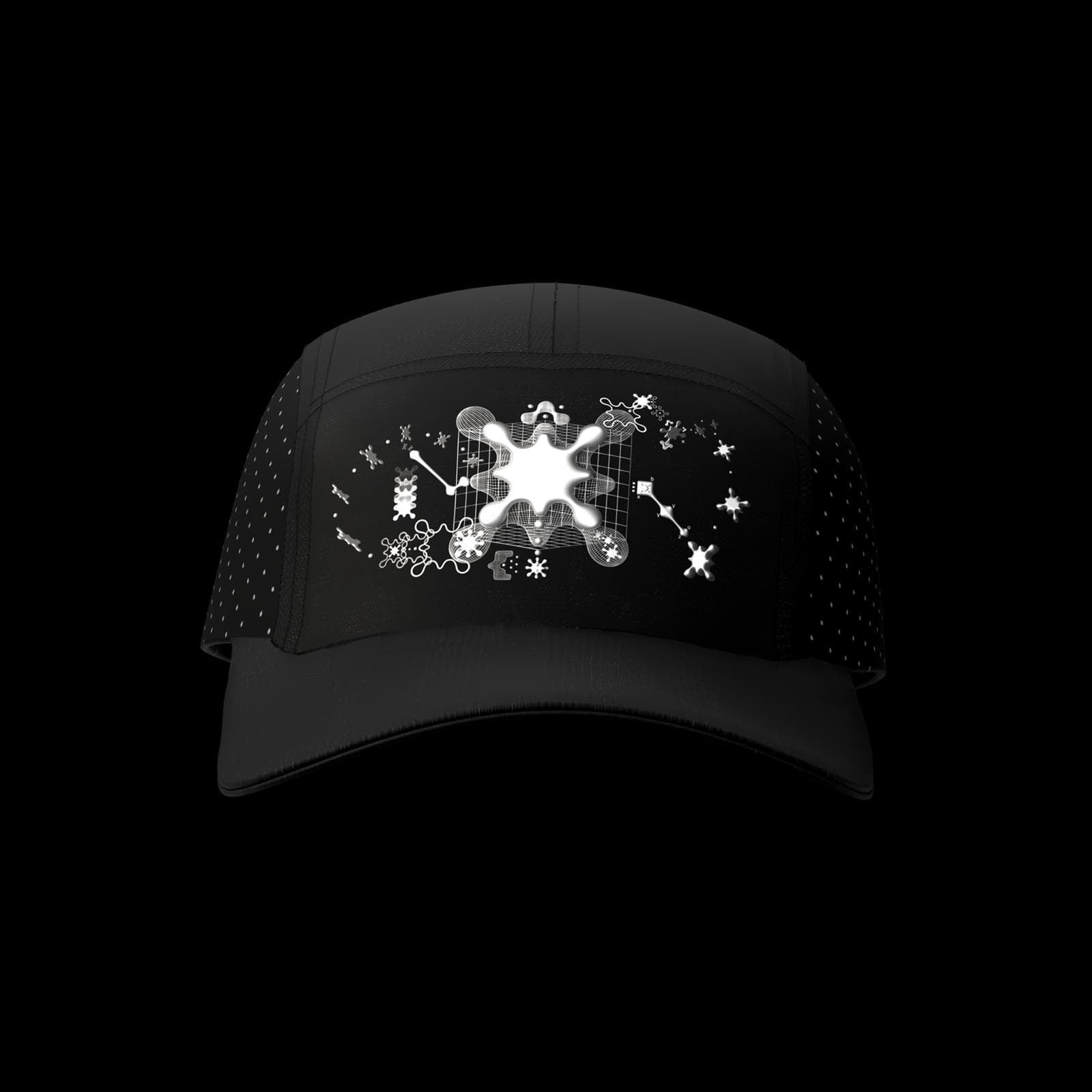 Black five-panel cap on a black field, the white graphic printed across the front panel.