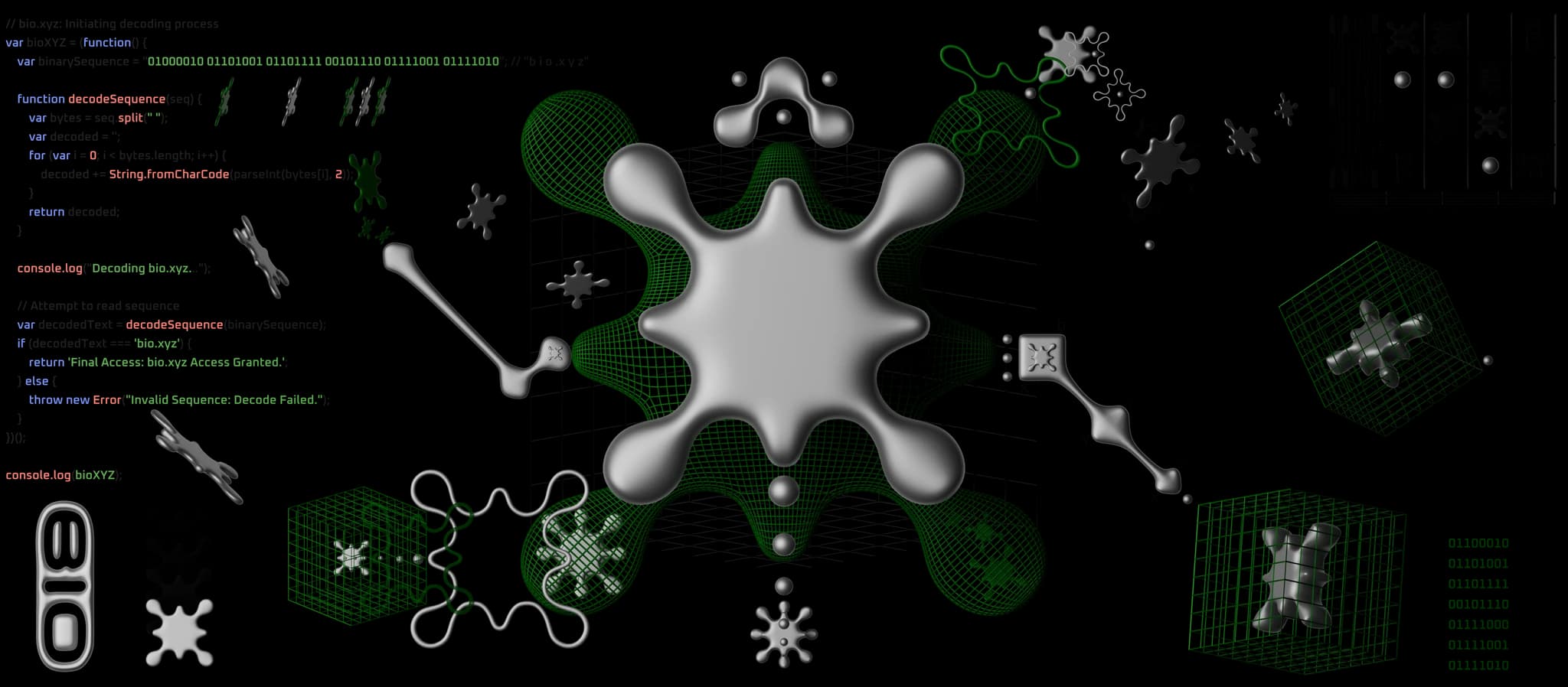 Wide landscape artwork band for the cap: white molecular forms and green wireframe volumes over code and binary.