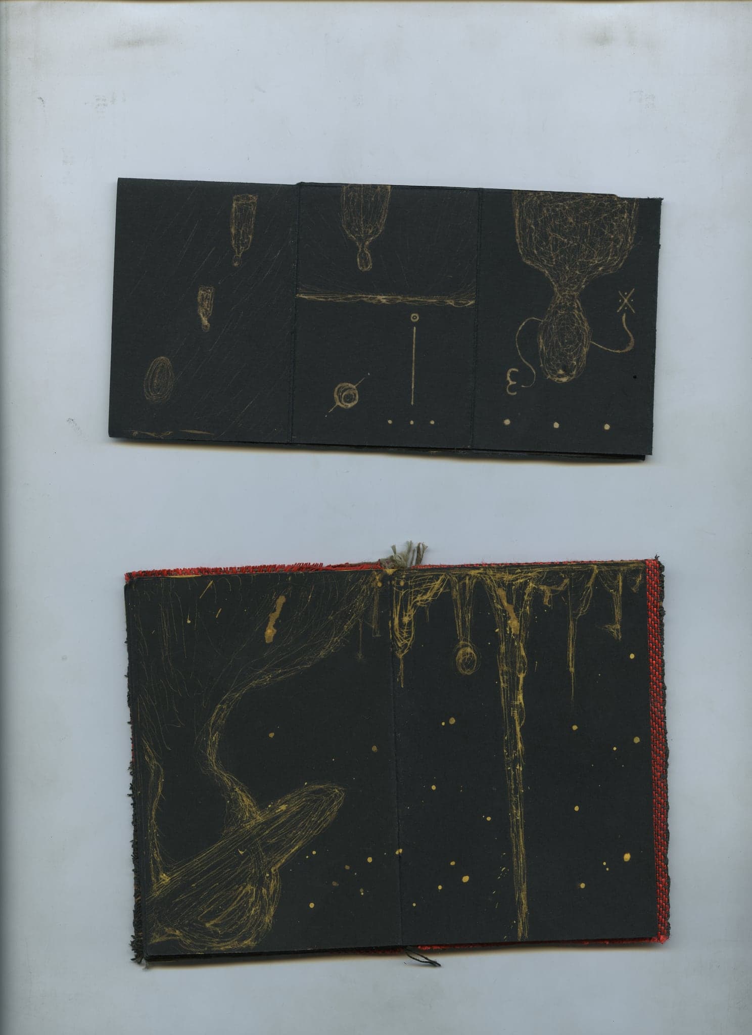 Two of the books photographed together, the lower one open and cased in red cloth, gold drips running down its pages