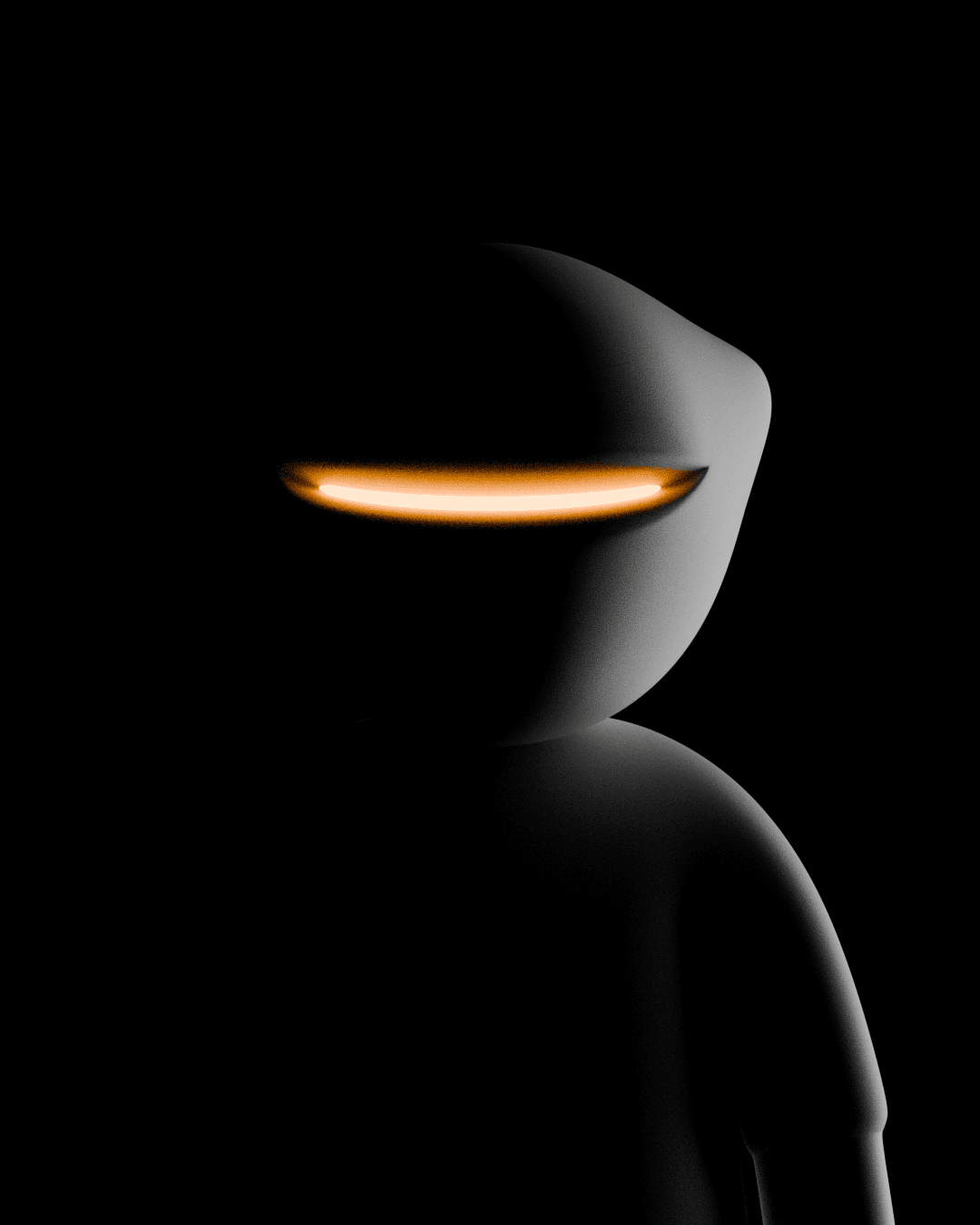 Mr. B three-quarter view in darkness, the amber slit angled away