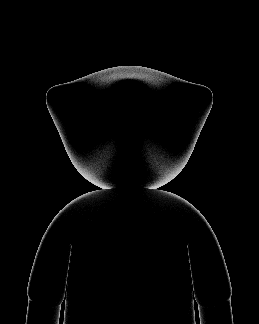 Mr. B in silhouette with the face unlit, the hood's curve drawn only by a rim light