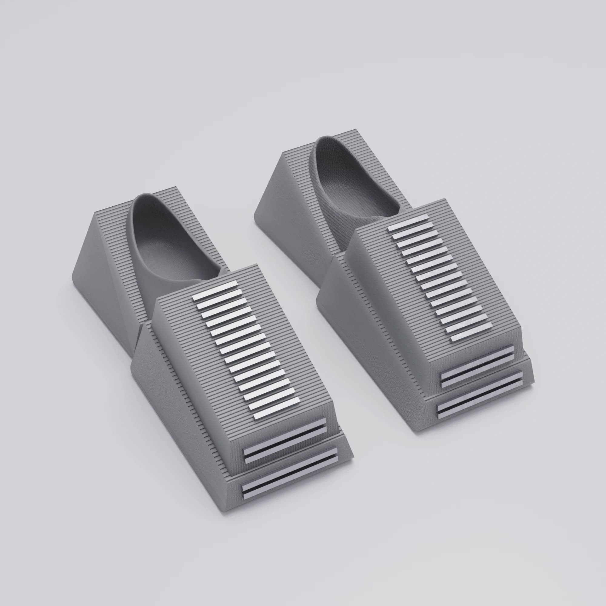 Two grey ribbed wedge shoes seen from above and behind, the fine vertical ribbing catching light across the whole surface.