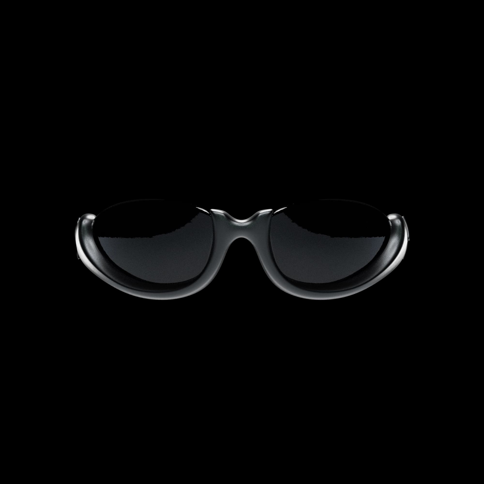 BS2 eyewear concept, a glossy black oval frame with swollen rims and a thick temple, seen from the front