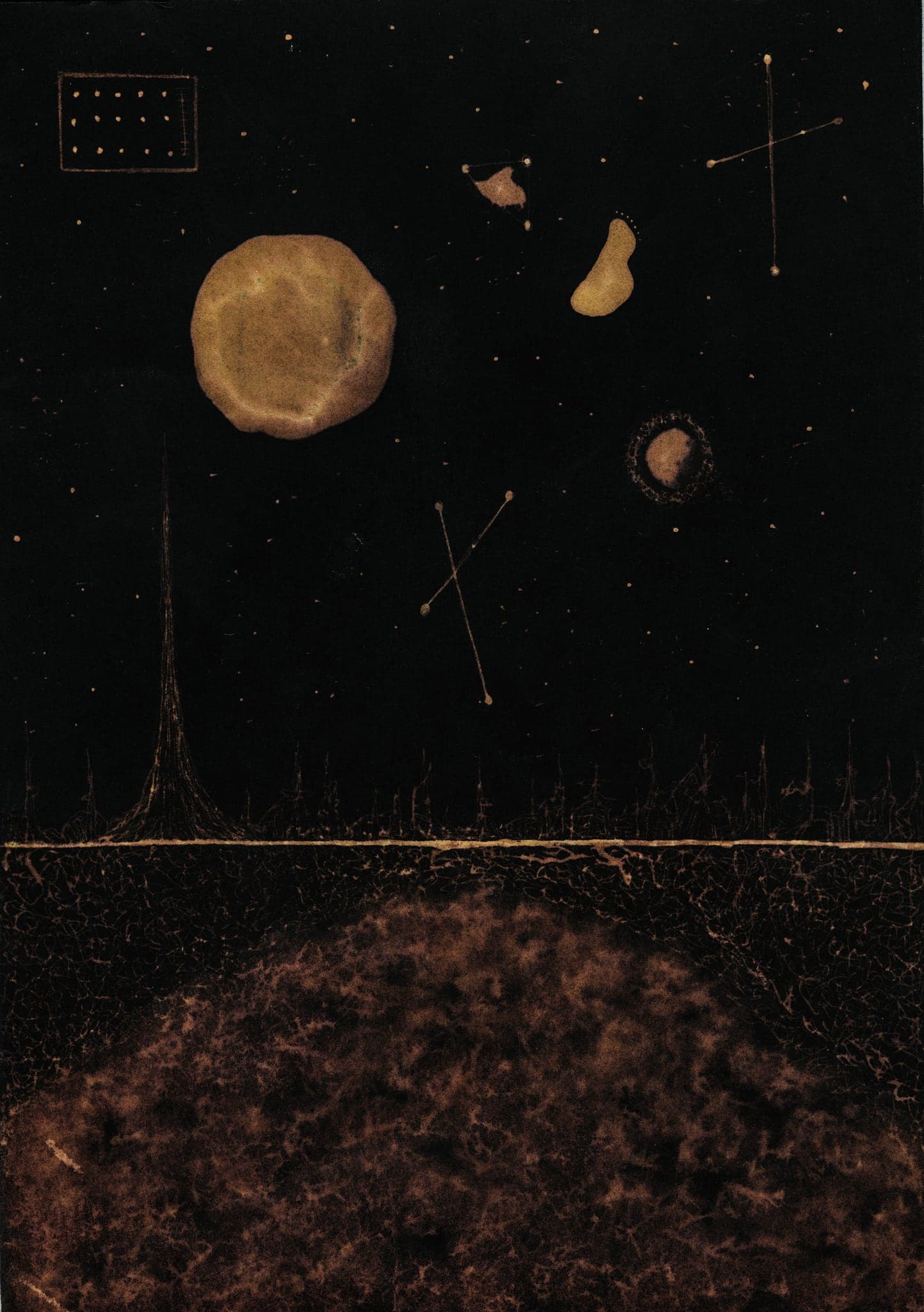 A large pale gold disc high on a black sheet, a thin bright horizon line across the middle, and a mottled brown field of bleached paper filling the lower half.