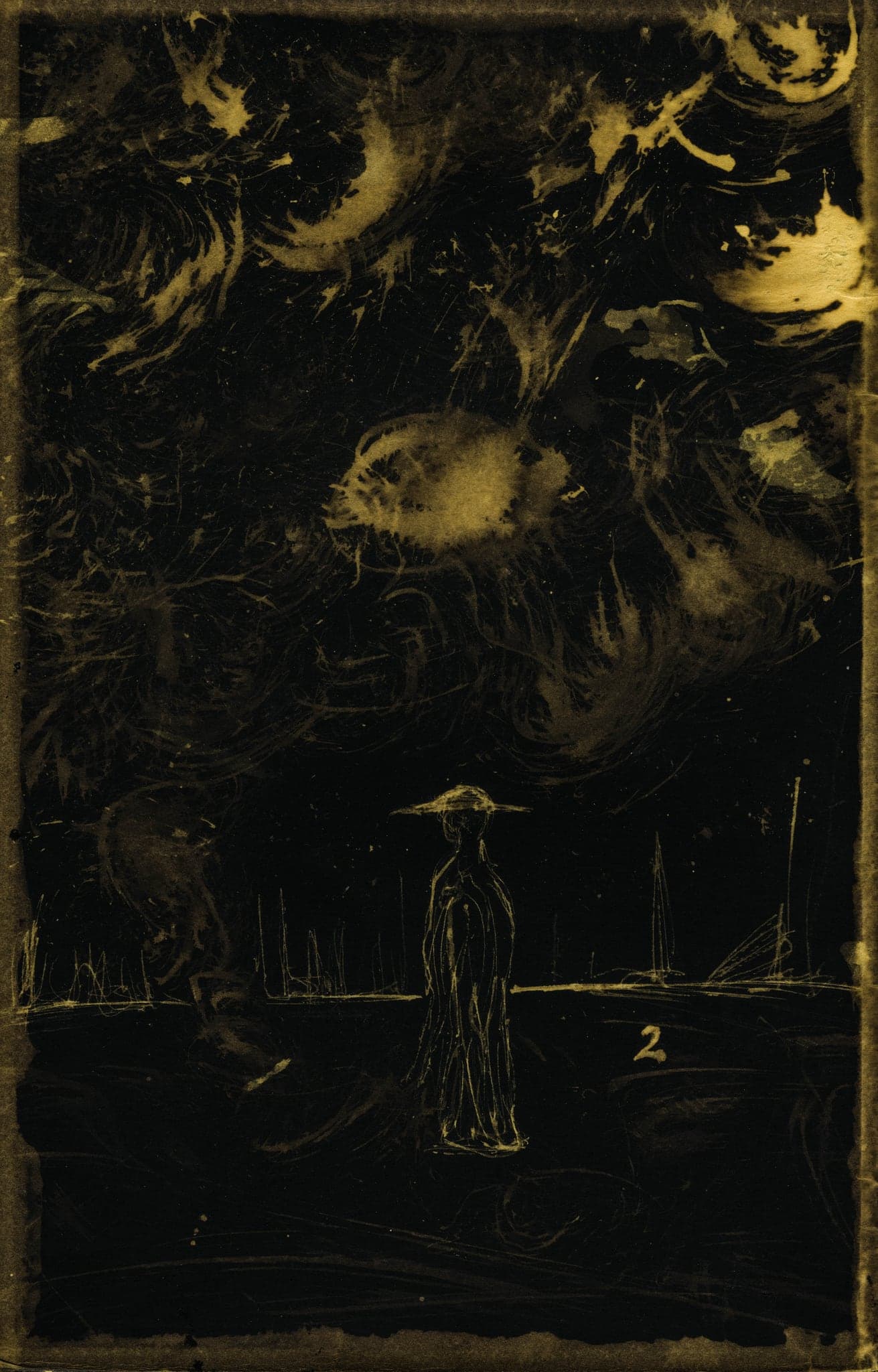 A small standing figure in a wide hat on a low horizon, beneath a sky of swirling yellow bleach clouds and pale moons on near-black paper.