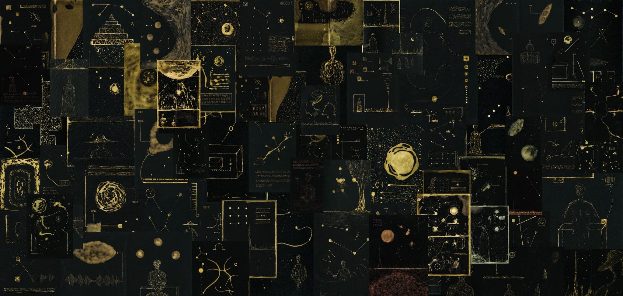 A wide montage tiling more than a hundred small bleach drawings together, figures, constellations, moons, glyph bars and diagrams, all pale gold on black.