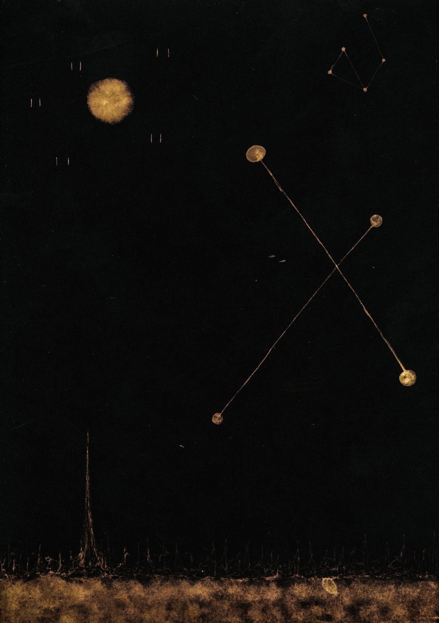 An almost empty black sheet with a soft gold disc upper left, a small four-point constellation upper right, and a large X of two ruled lines with round nodes at their ends.