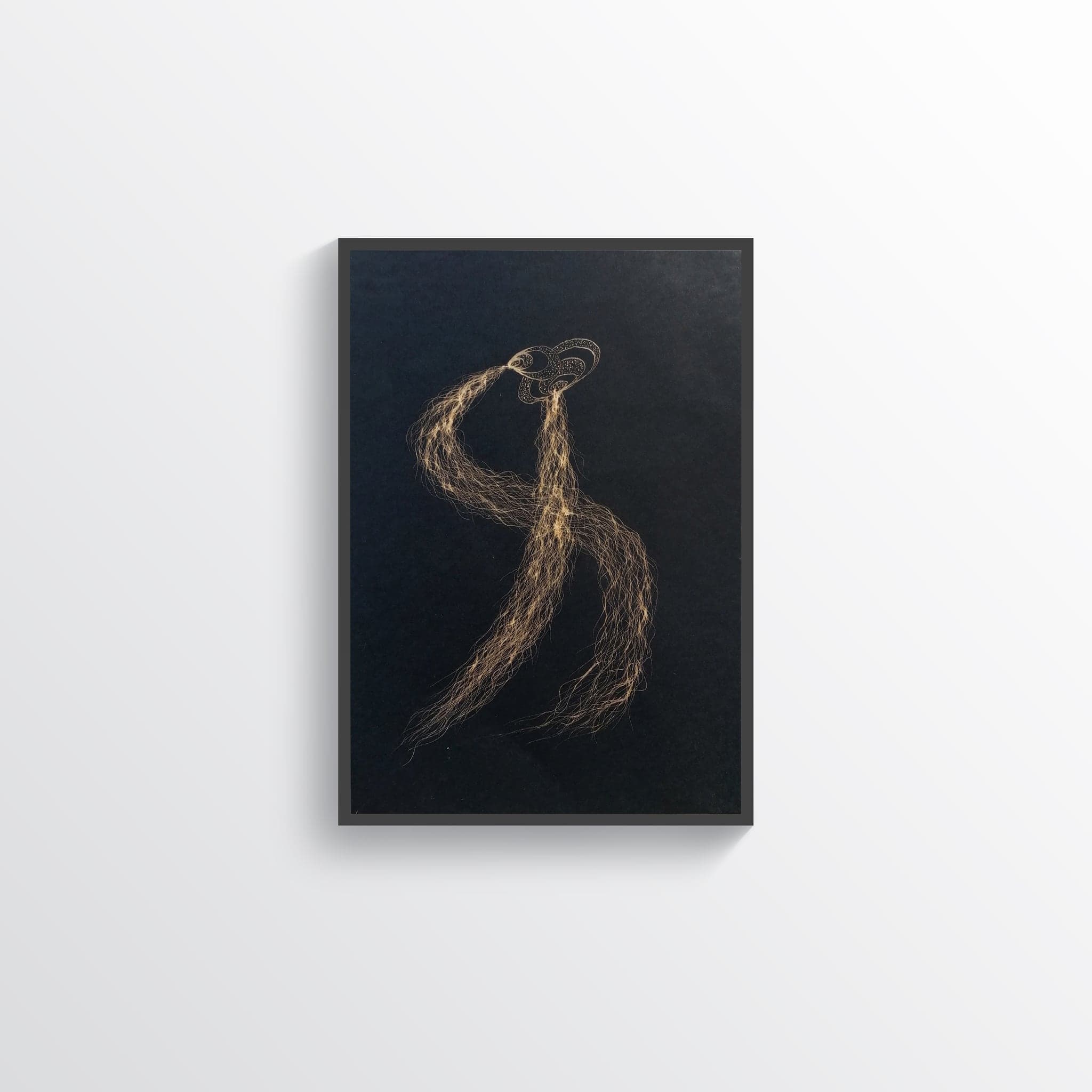 A black sheet with a single large form, a looped head at the top and a long trailing tail falling the height of the sheet