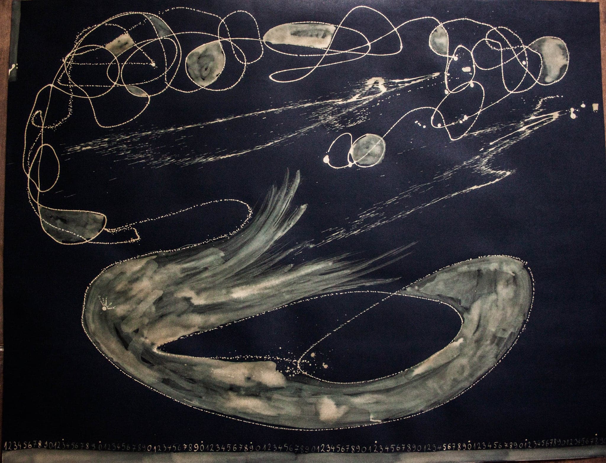 A large pale coil filling the sheet, like a rope or a whale doubled back on itself, with small drawn forms floating around it.
