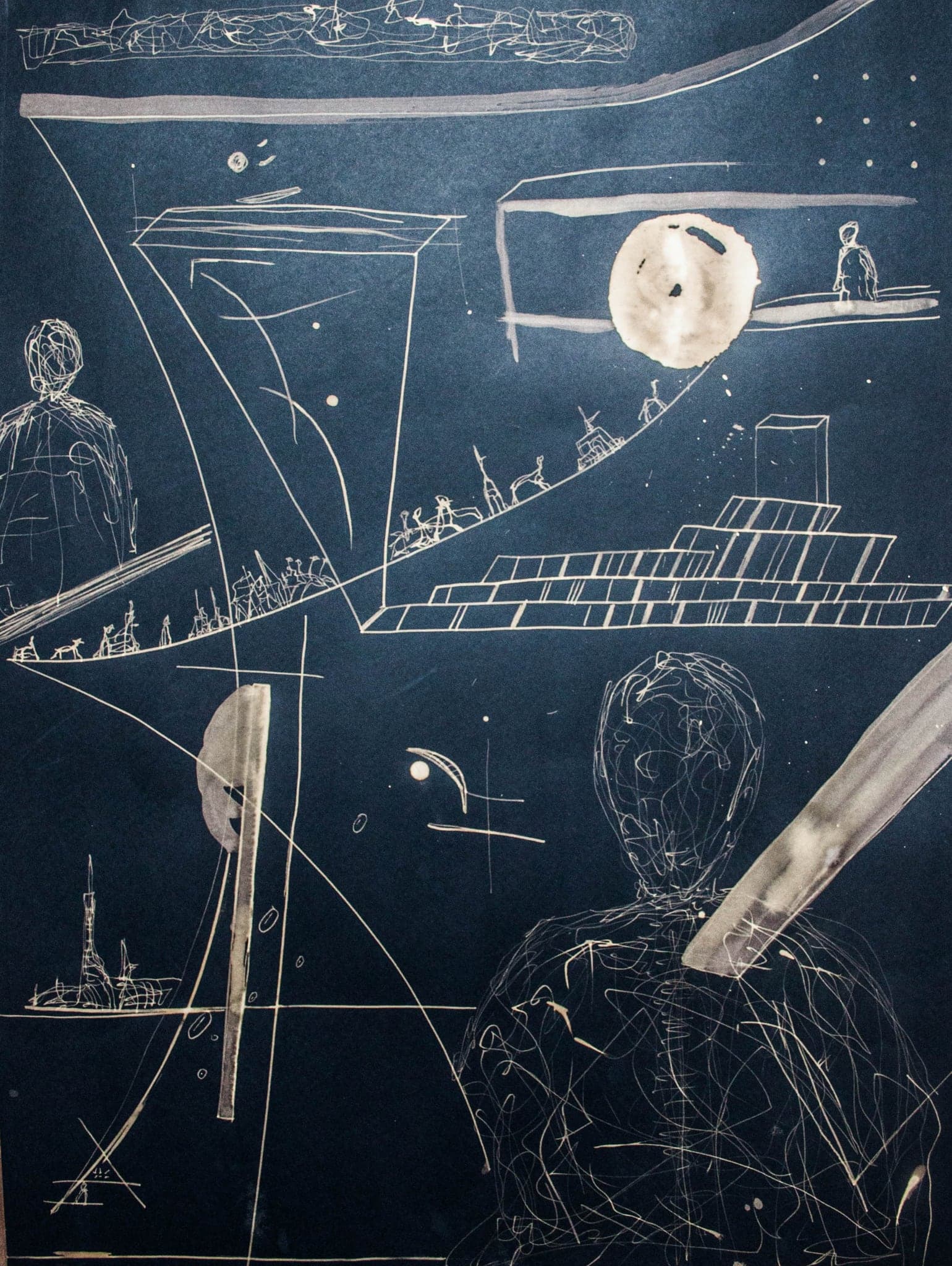 A blue sheet holding a moon, a standing figure and a run of stepped forms.