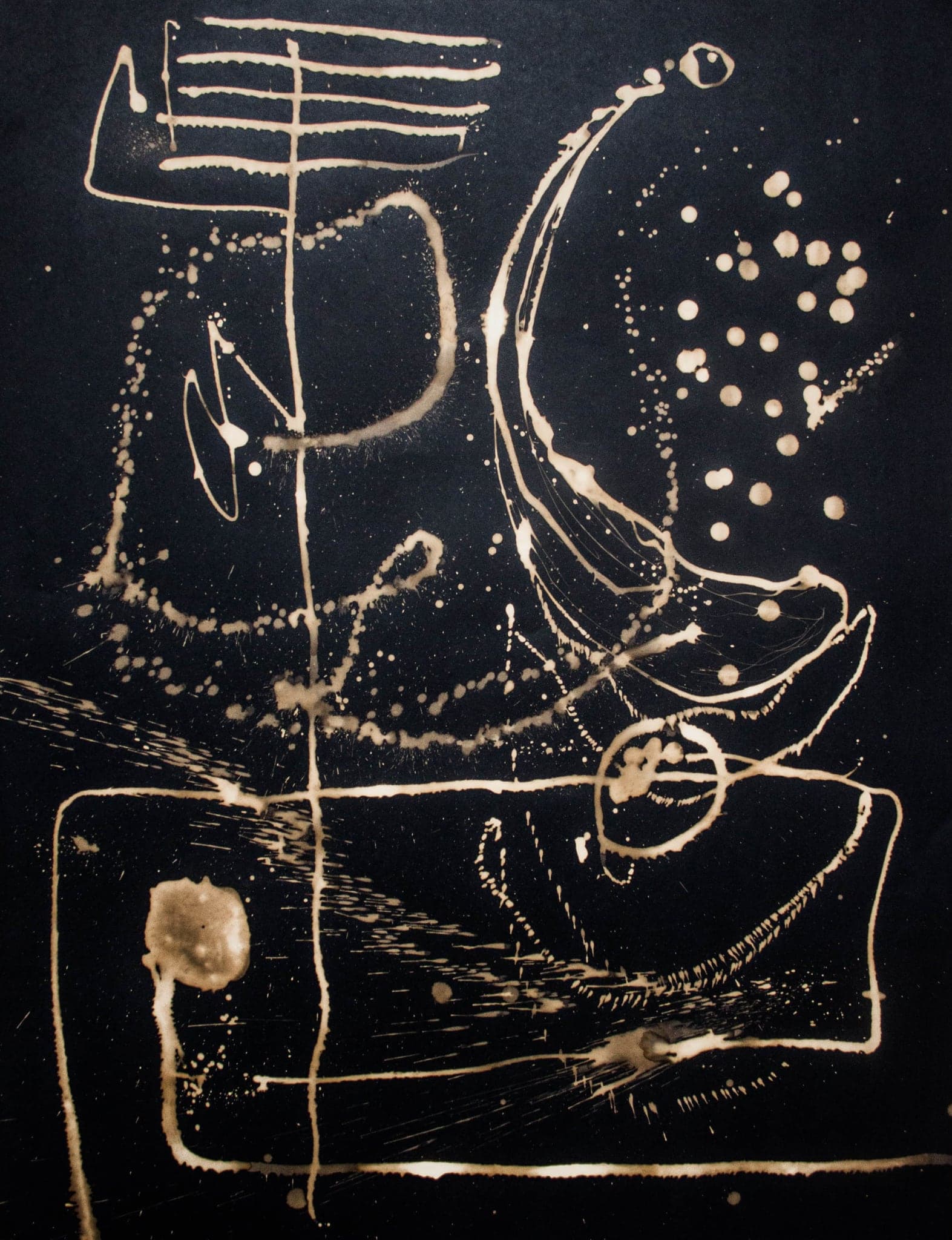 A wide sweeping curve on black, scattered dots and small drawn panels around it.