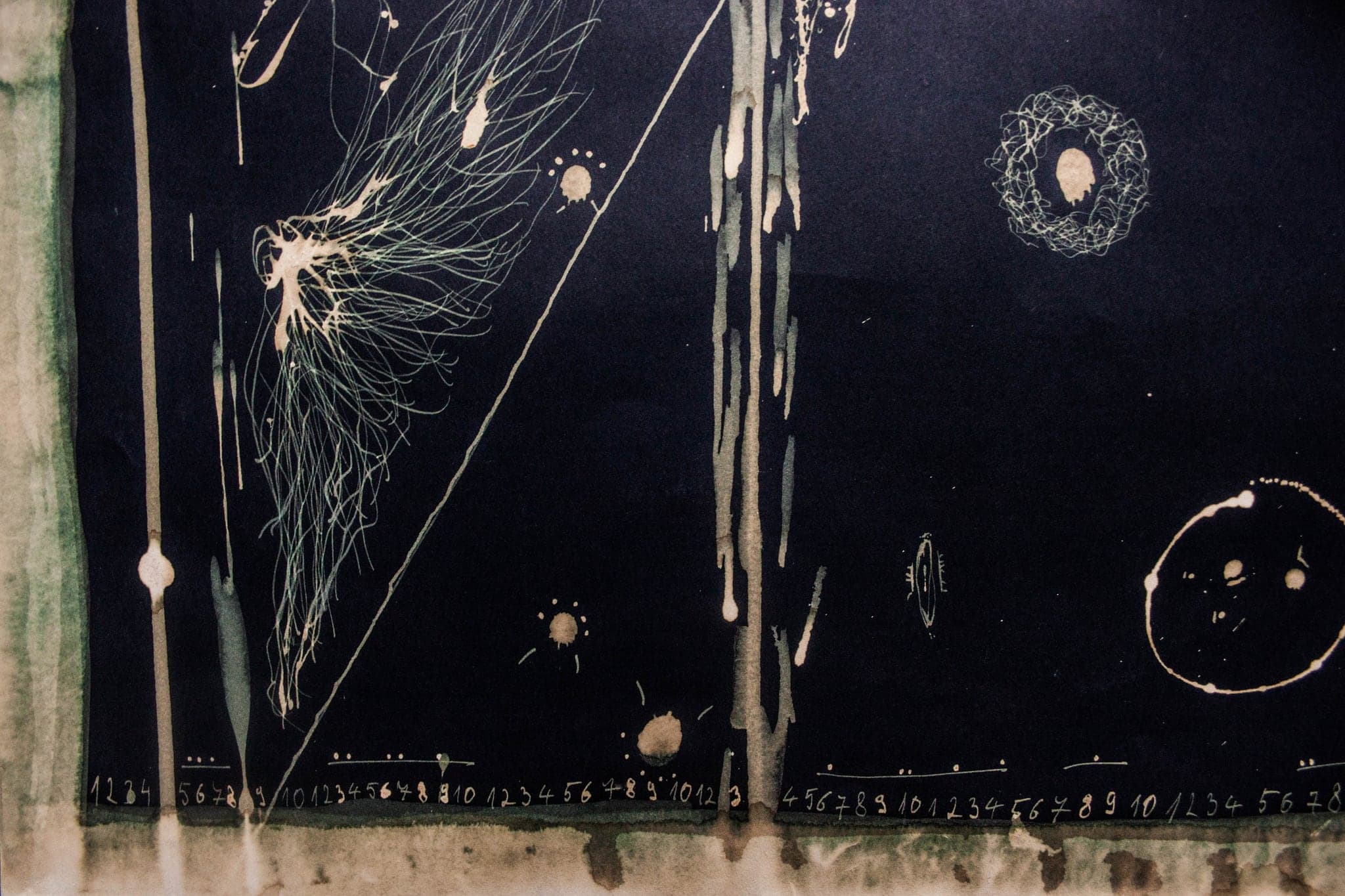 A burst of fine filaments beside a single ring, on a wide dark ground.