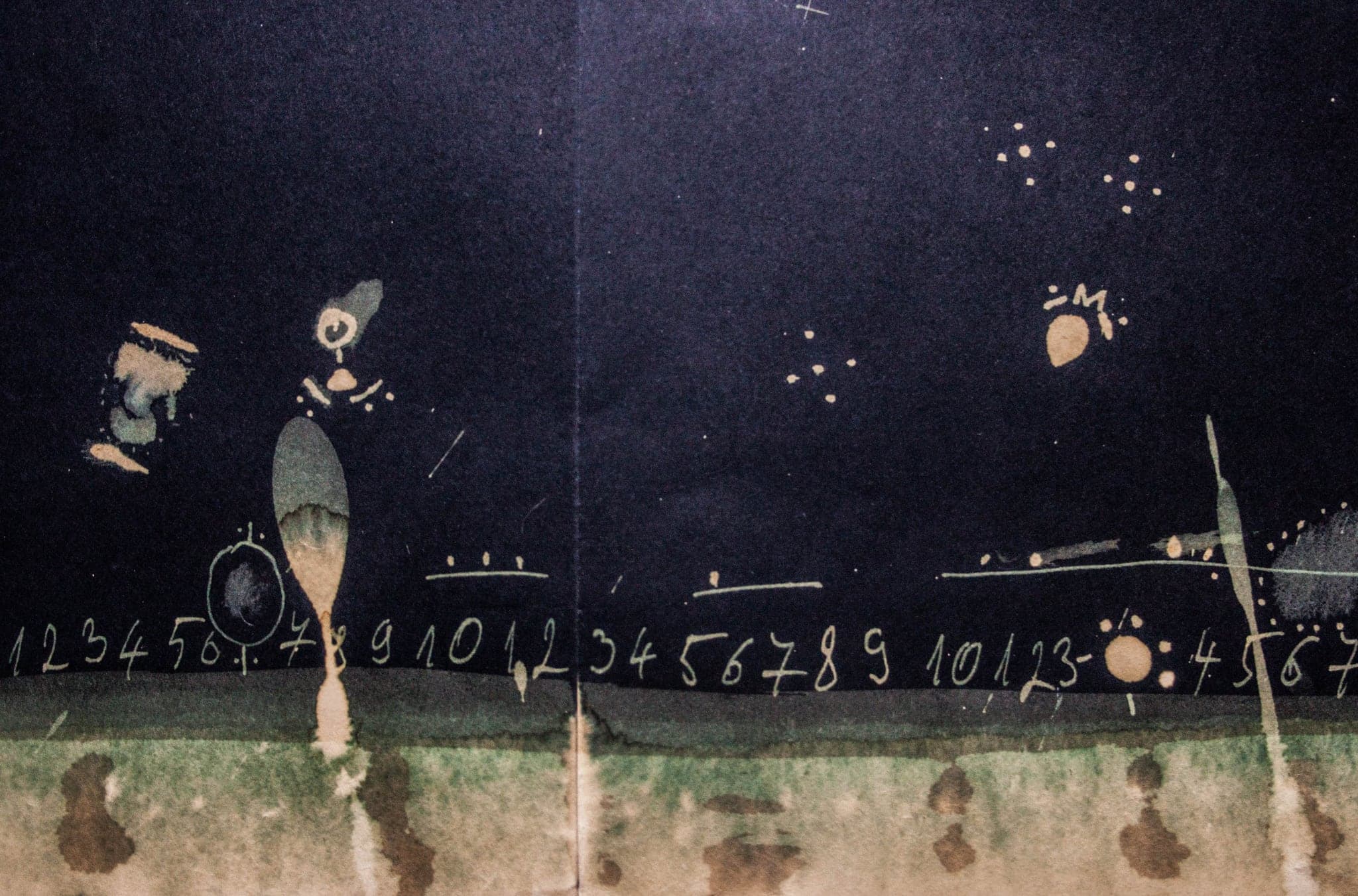 A wide sheet with columns of numerals along the bottom, small figures above and a green band.