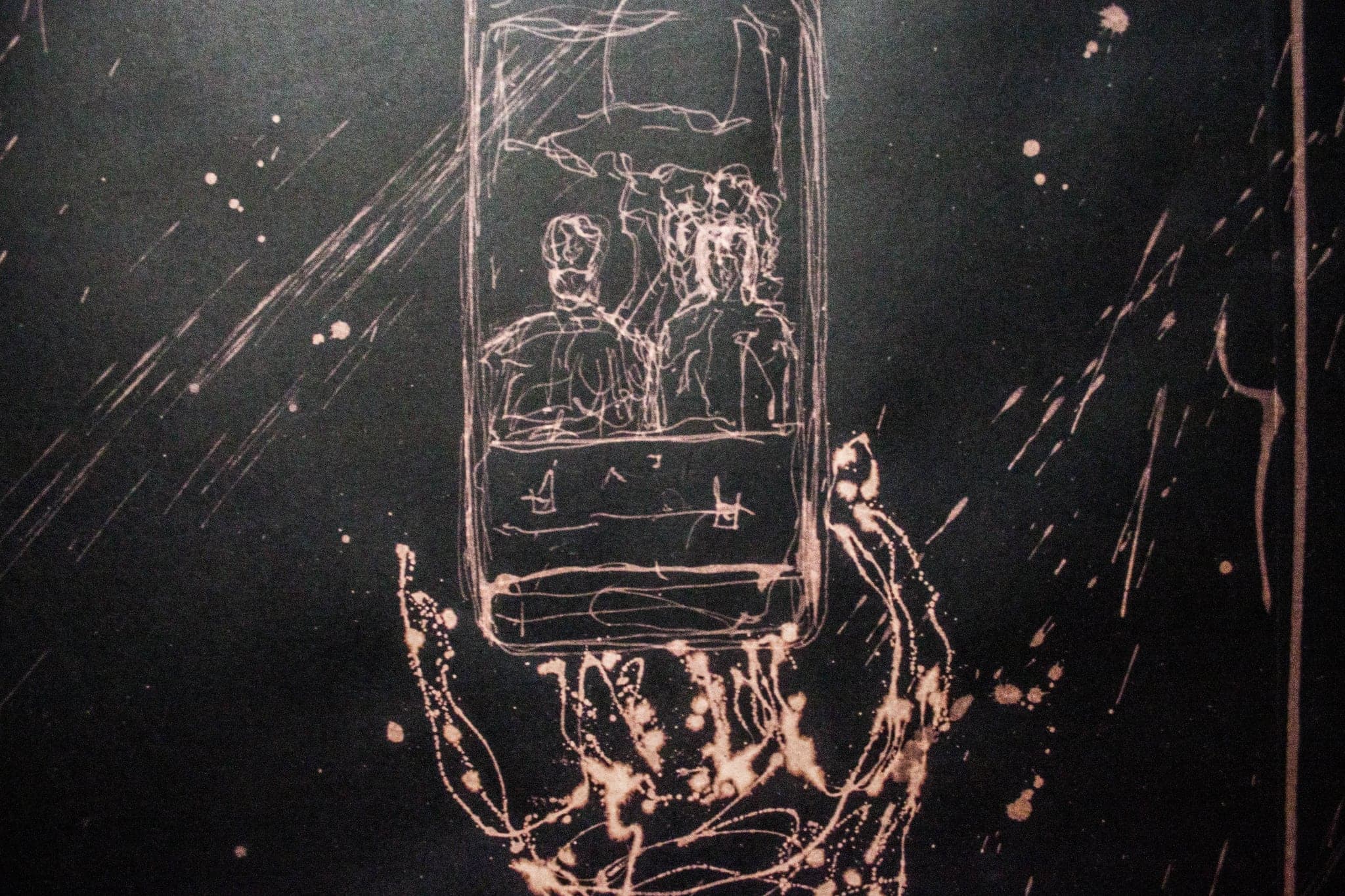 A figure holding a framed panel out in front of it, drawn in pale line on black.