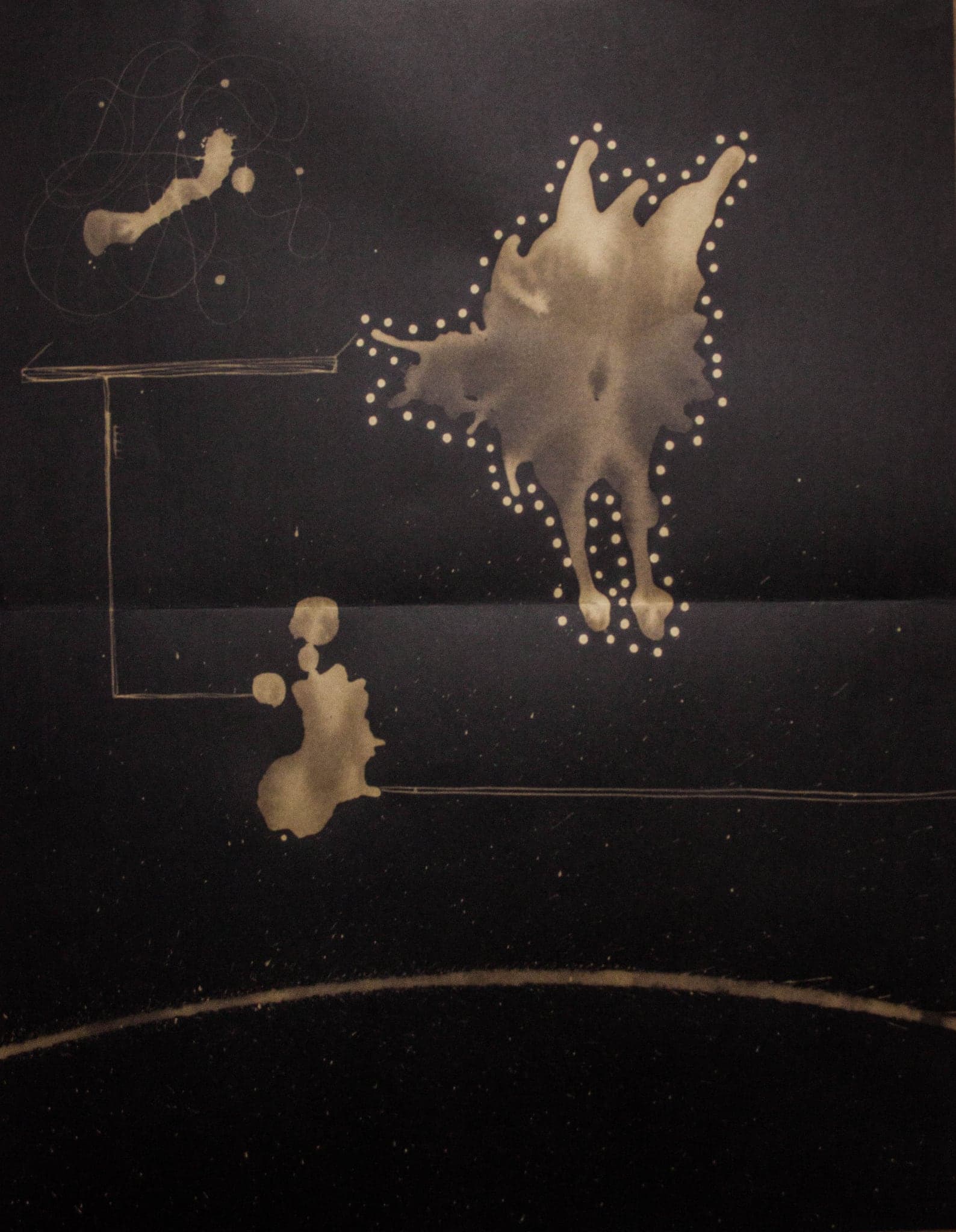 A pale burst opening like a starfish, soft blobs around it and one long curve running beneath.