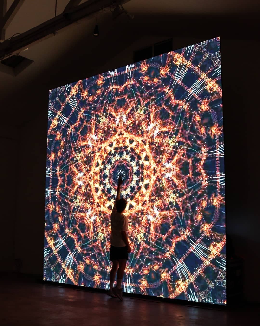 One person standing centred before the screen, the pattern radiating outward around their silhouette