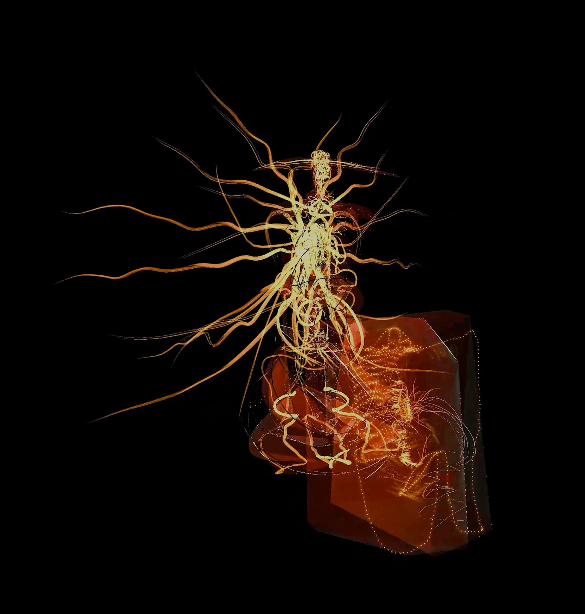 The filament sculpture seen with the amber block set behind and below it, threads coiled tight at the centre