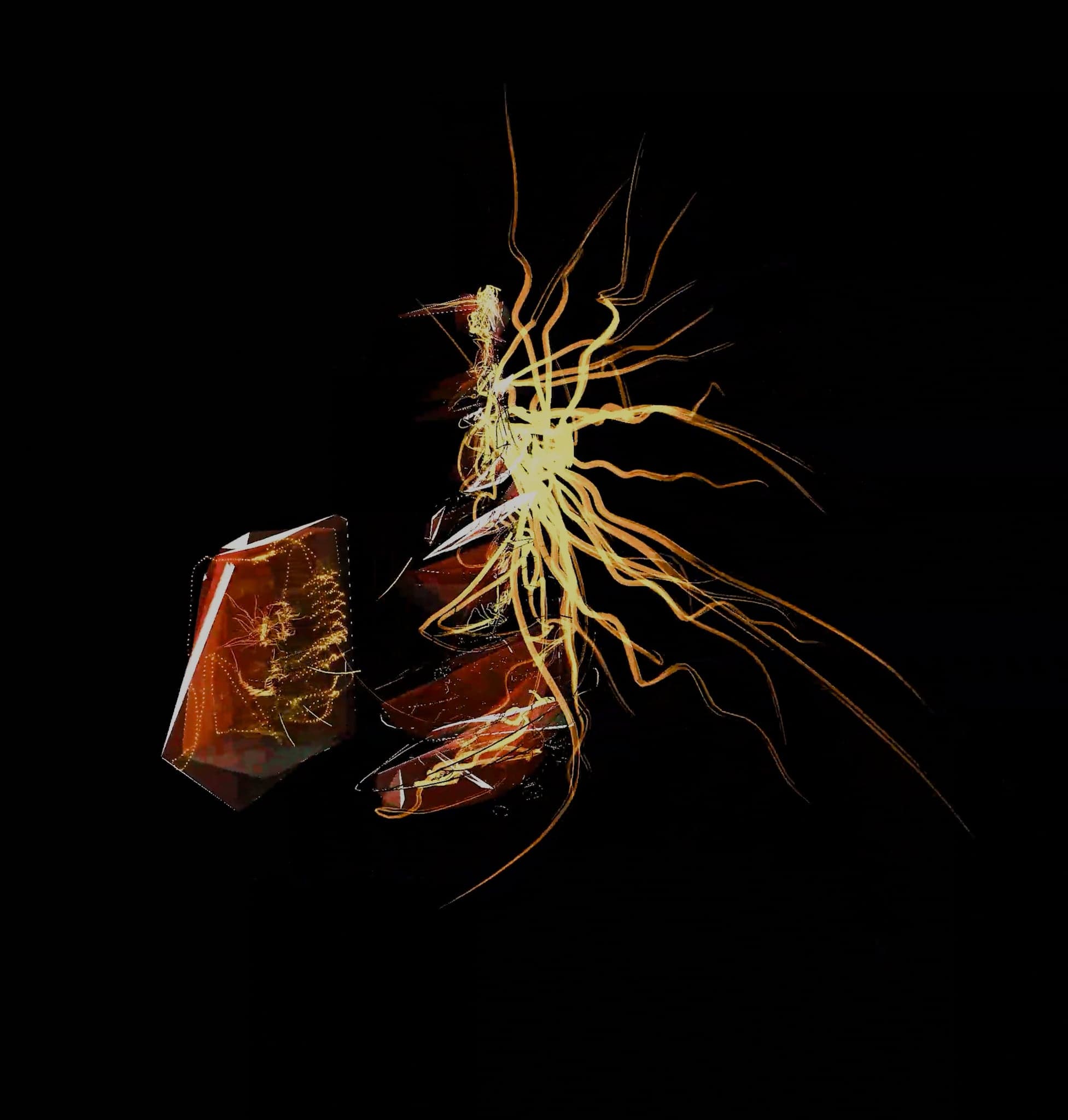 The amber block come apart into two separate faceted shells, the gold filaments rising between them