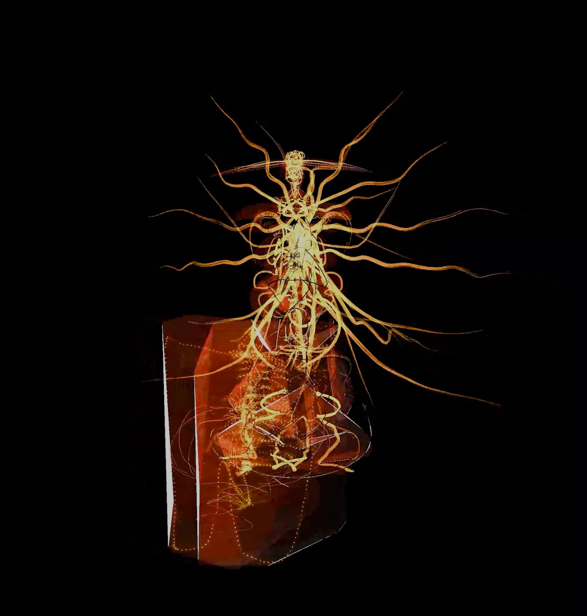The sculpture upright and near-symmetrical, its lower threads held inside the glowing amber block