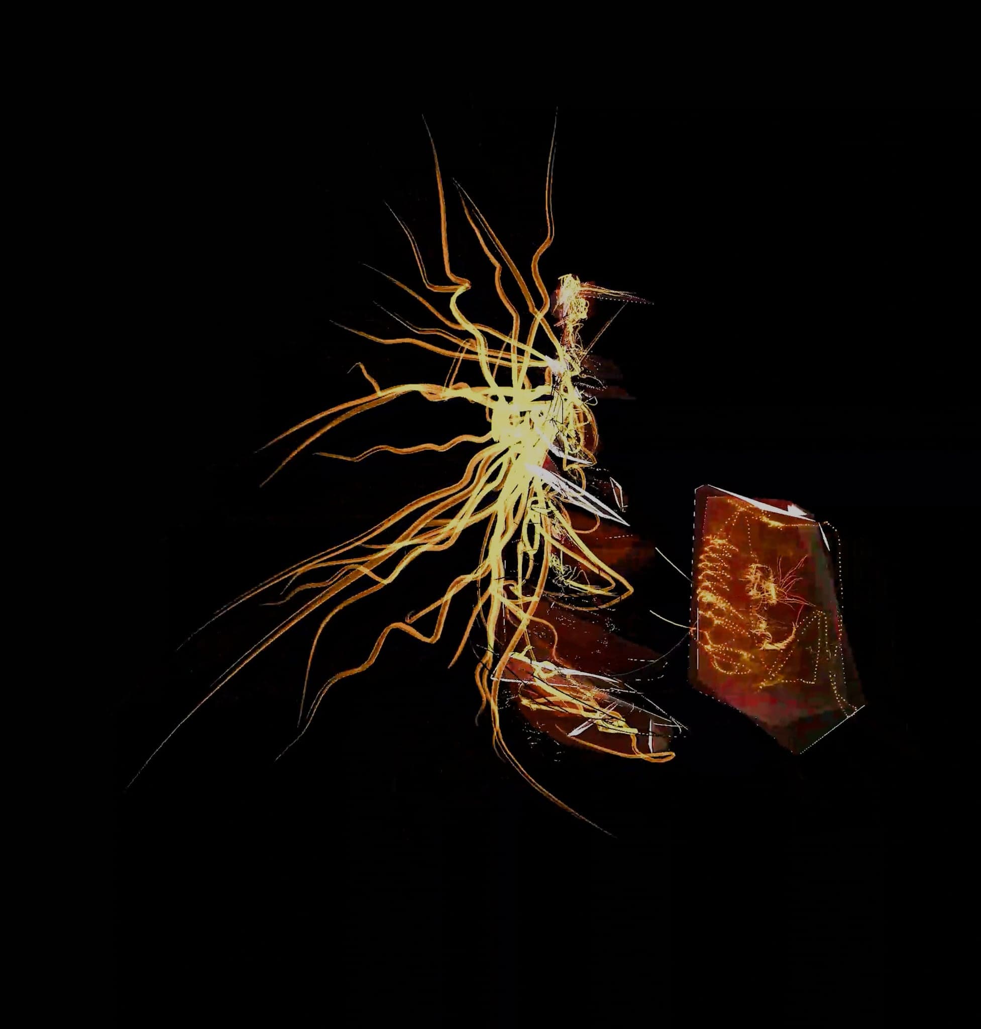 The sculpture leaning left, threads streaming out sideways, the amber shells separated to the right