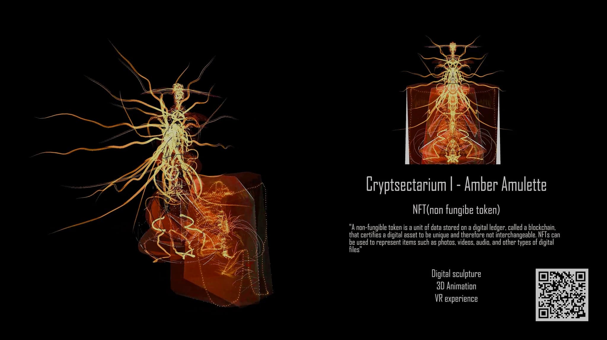 The full video frame: the sculpture on the left, and on the right the artist's own title card reading Cryptsectarium I - Amber Amulette, with a still, a note on non-fungible tokens, the lines Digital sculpture, 3D Animation, VR experience, and a QR code