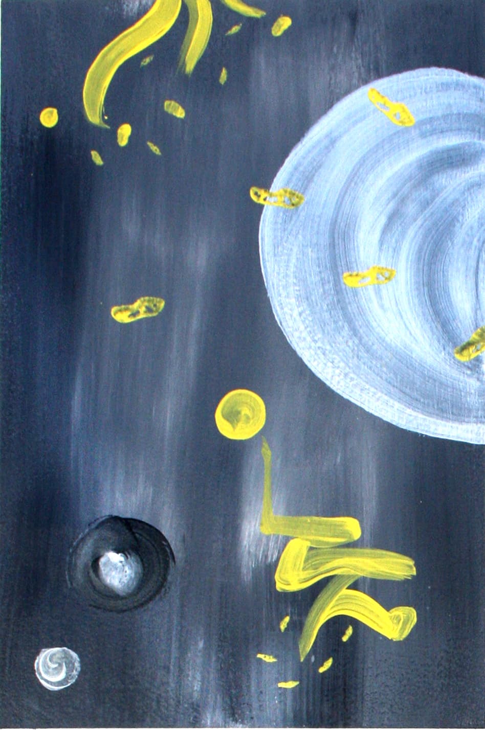 A dark panel with a large pale ringed moon at the top right, yellow strokes falling around it and a small dark disc below