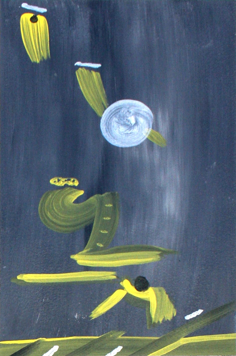 A dark panel with a yellow curved stroke at the top, a pale disc, and a heavy olive-yellow mass above a yellow band