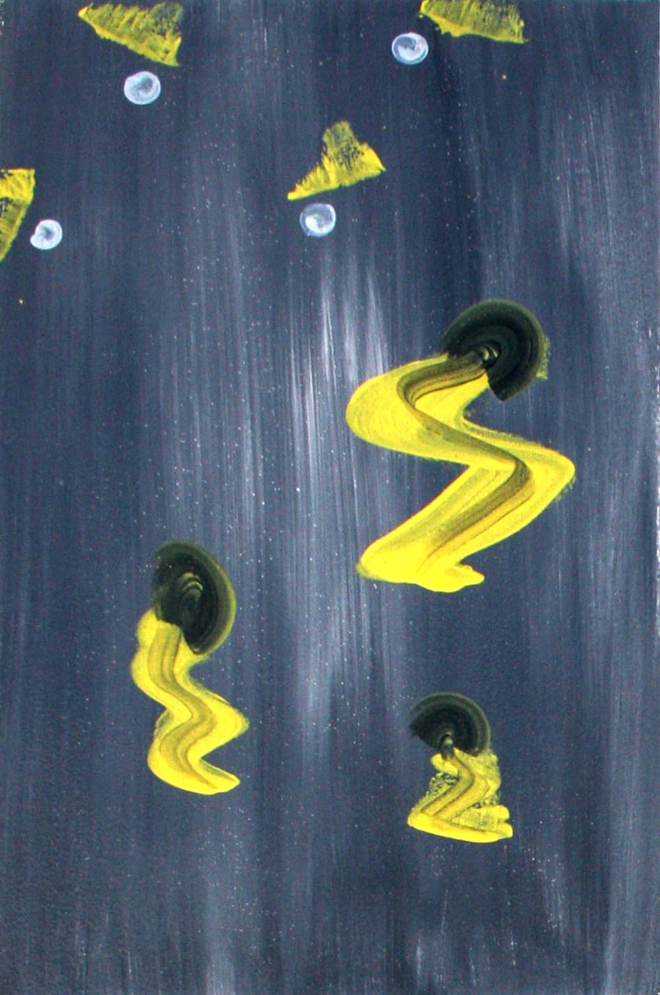 A dark panel with a tall yellow zigzag running down its centre past two small dark discs