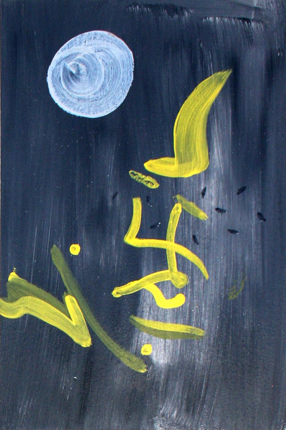 A dark panel with a pale spiralled moon at the top left and loose yellow strokes crossing the lower half