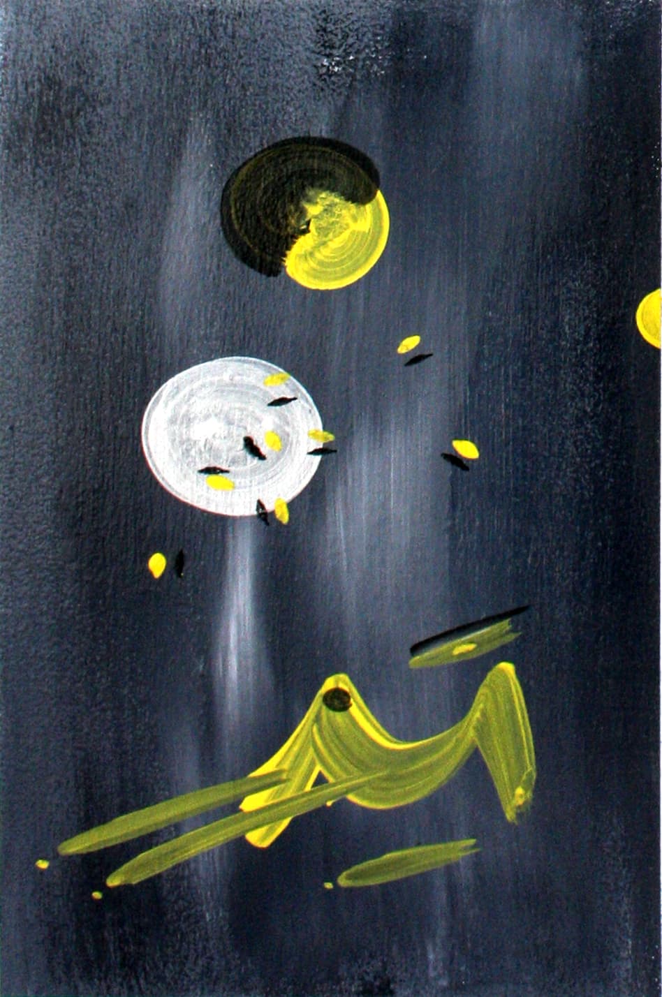 A dark panel with a black and yellow disc at the top, a white ringed moon below it and a yellow form lying along the bottom