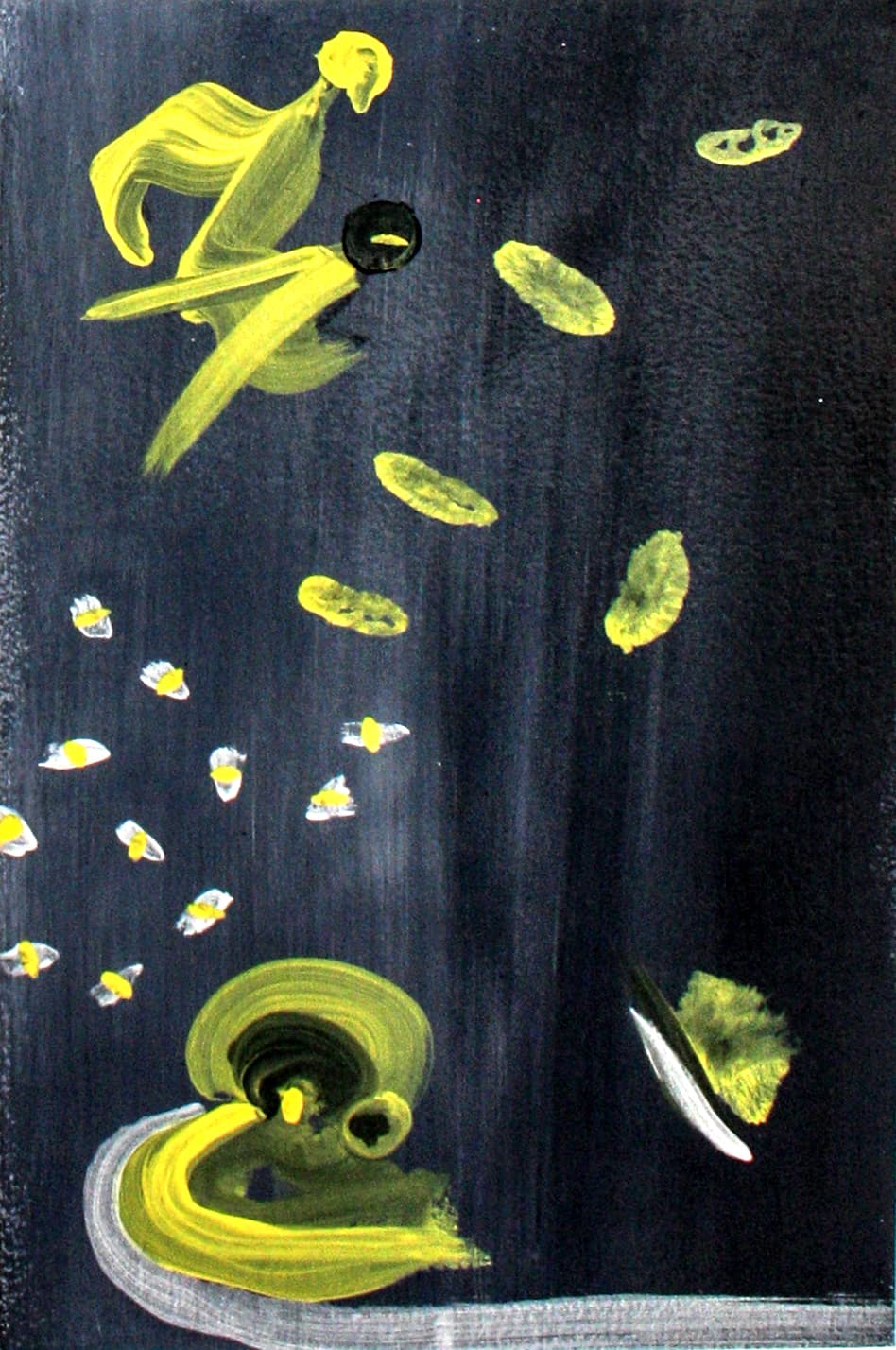 A dark panel with a leaping yellow figure at the top, a black disc beside it and a shower of small yellow marks below