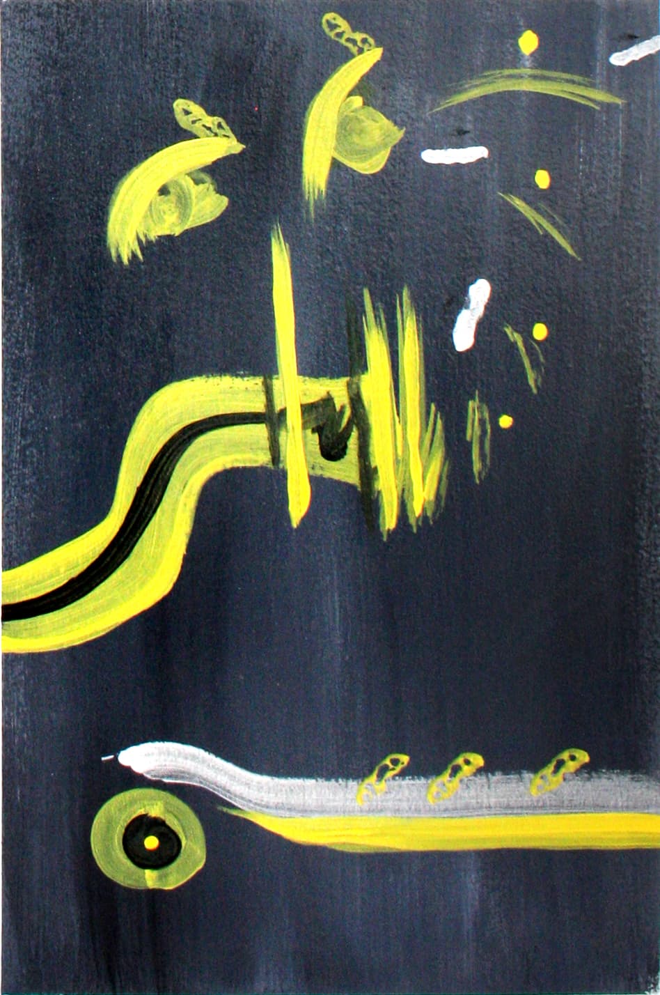 A dark panel with a heavy yellow and black horizontal stroke, small pale marks above and a yellow band with a dark eye at the bottom