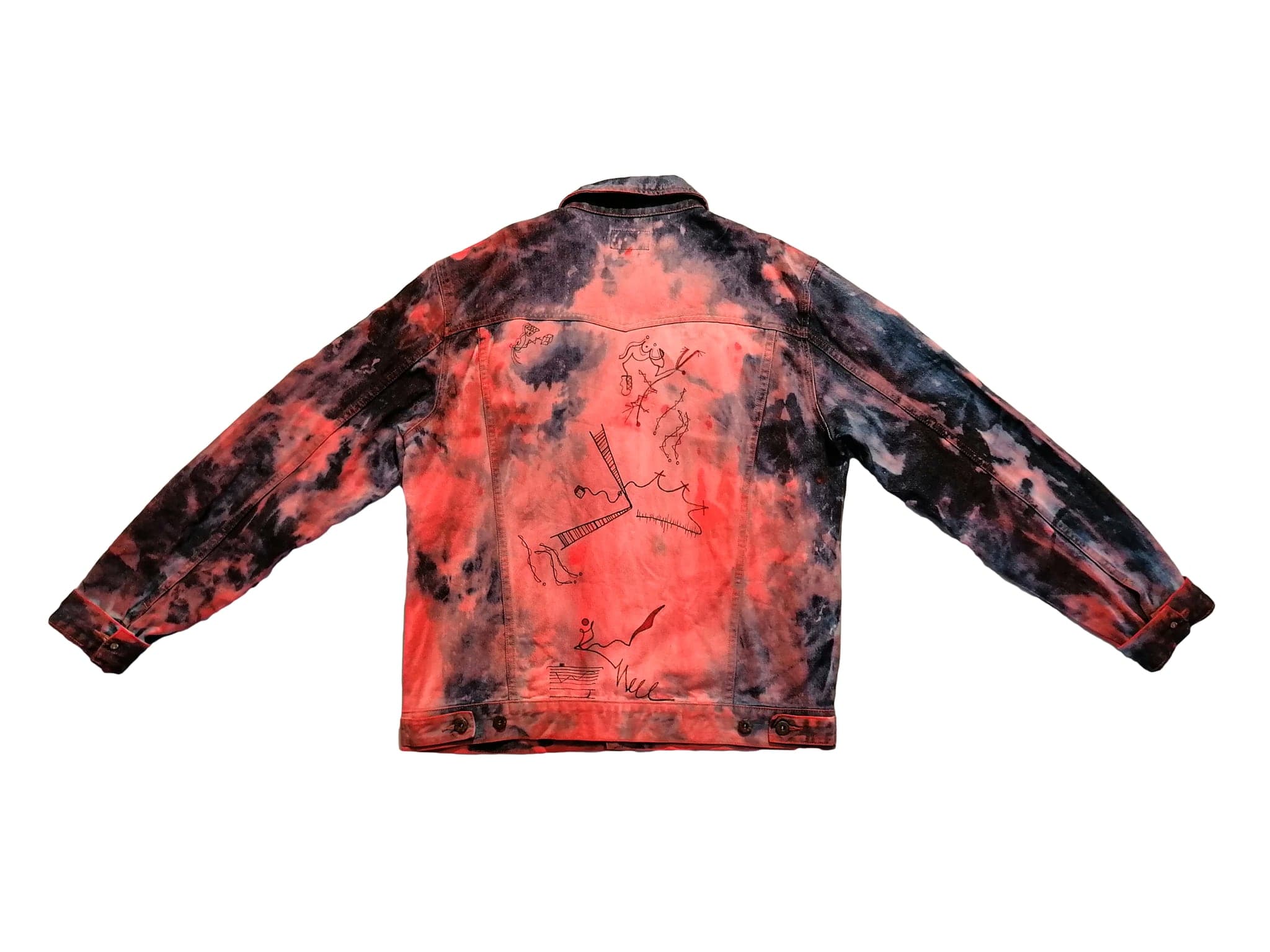 The jacket flat on white and open, the dye running from red at the chest into black at the shoulders