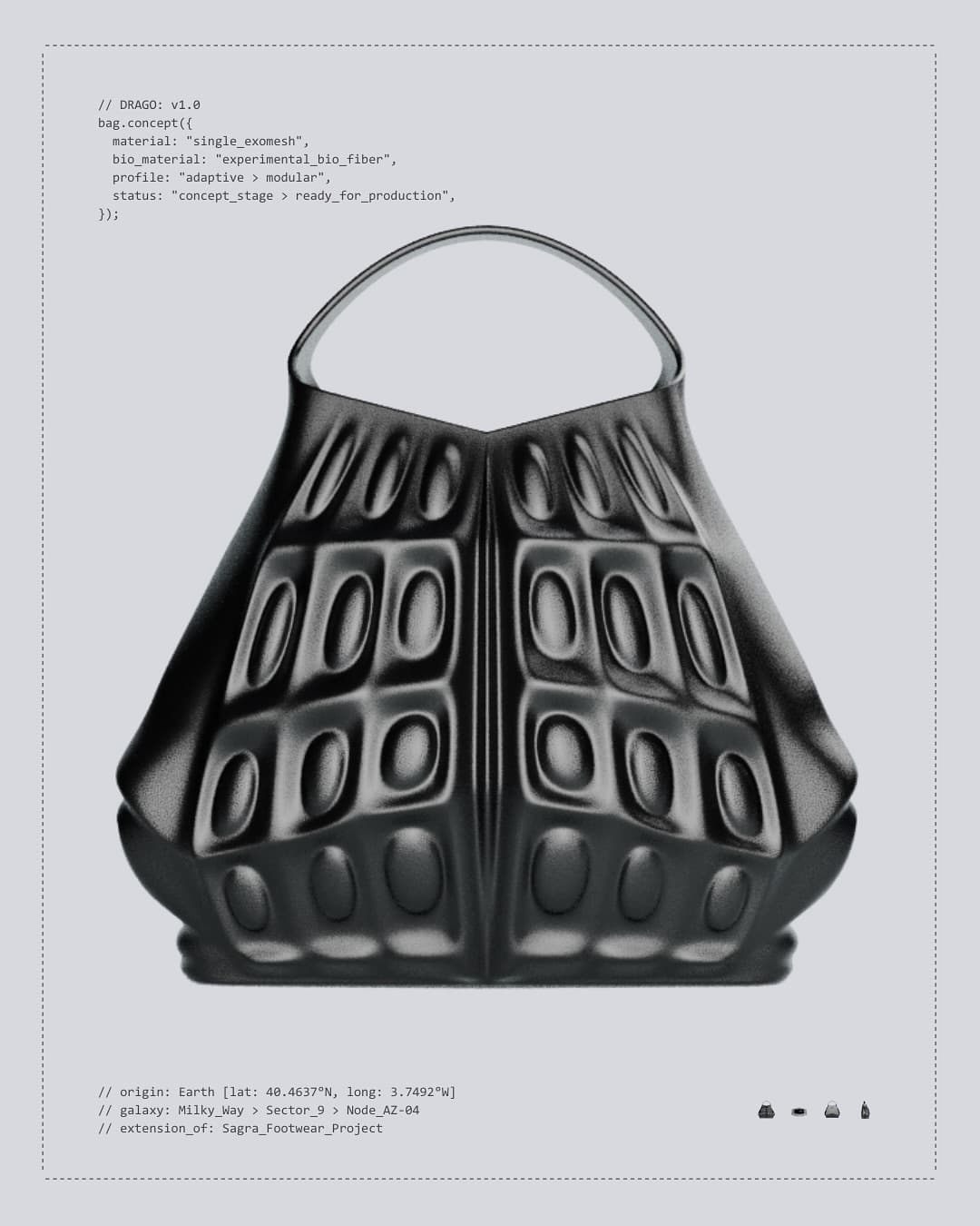 DRAGO concept board — black scale-textured bag with code-style annotations