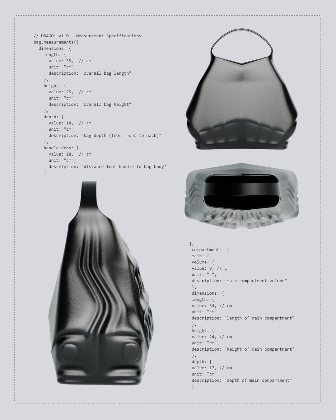 DRAGO measurement sheet — back, top and side views