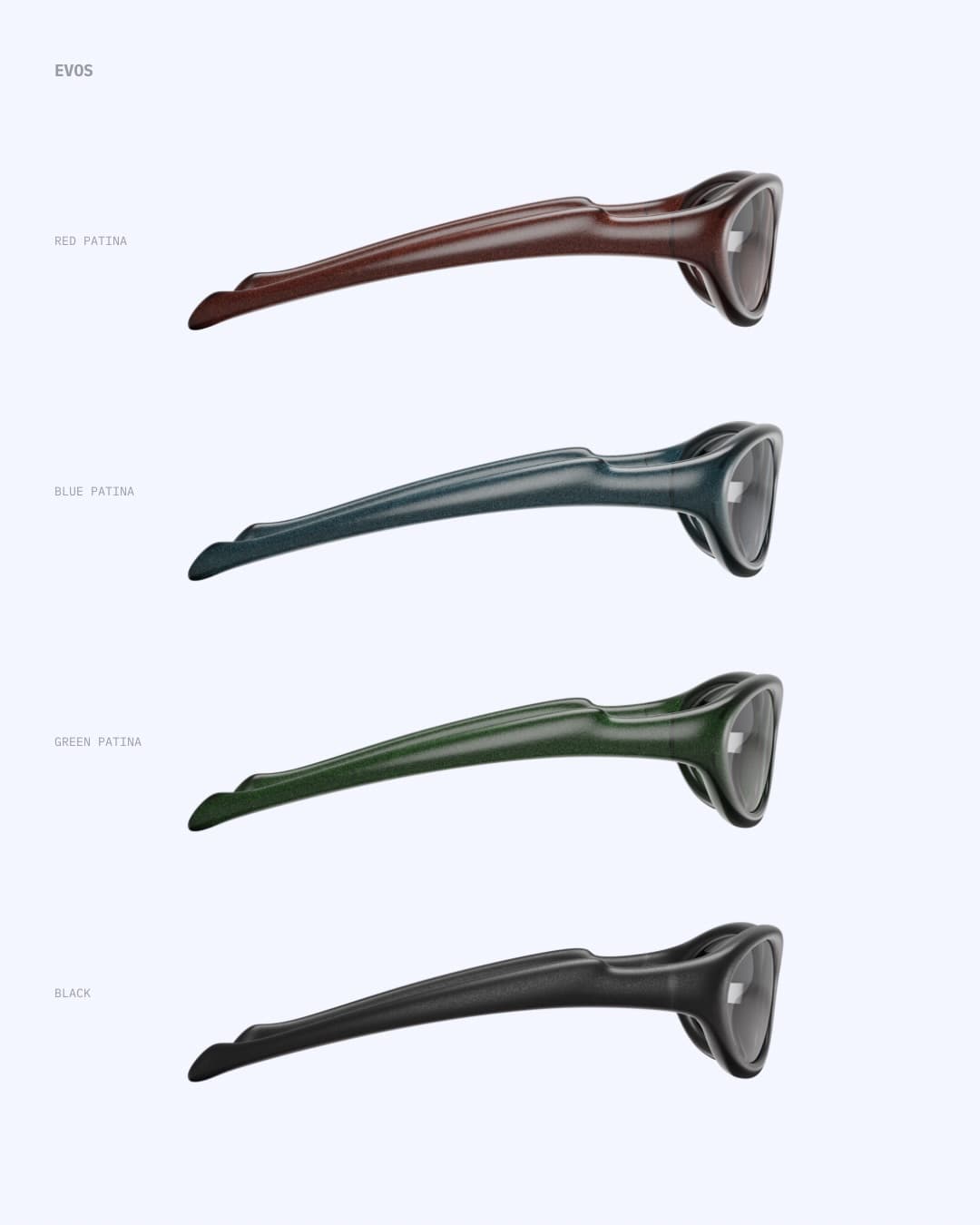 EVOS colorway lineup: Red, Blue and Green Patina, and Black
