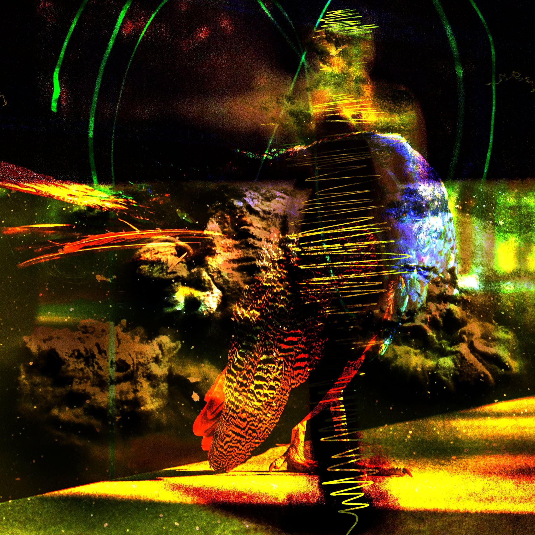 A standing figure against a dark wall, overlaid with green arcs, red streaks and dense yellow zigzags; the ground below burns bright yellow.
