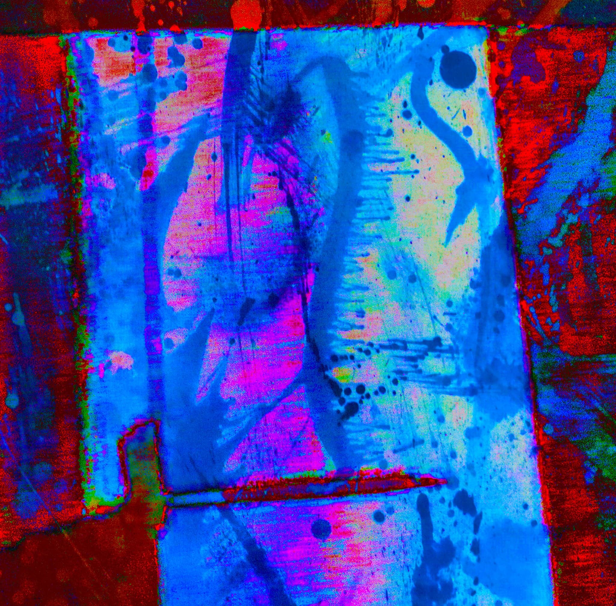 A doorway and figure reduced to flat electric blue, magenta and red, the surface speckled with dark blots and fine scratch marks.