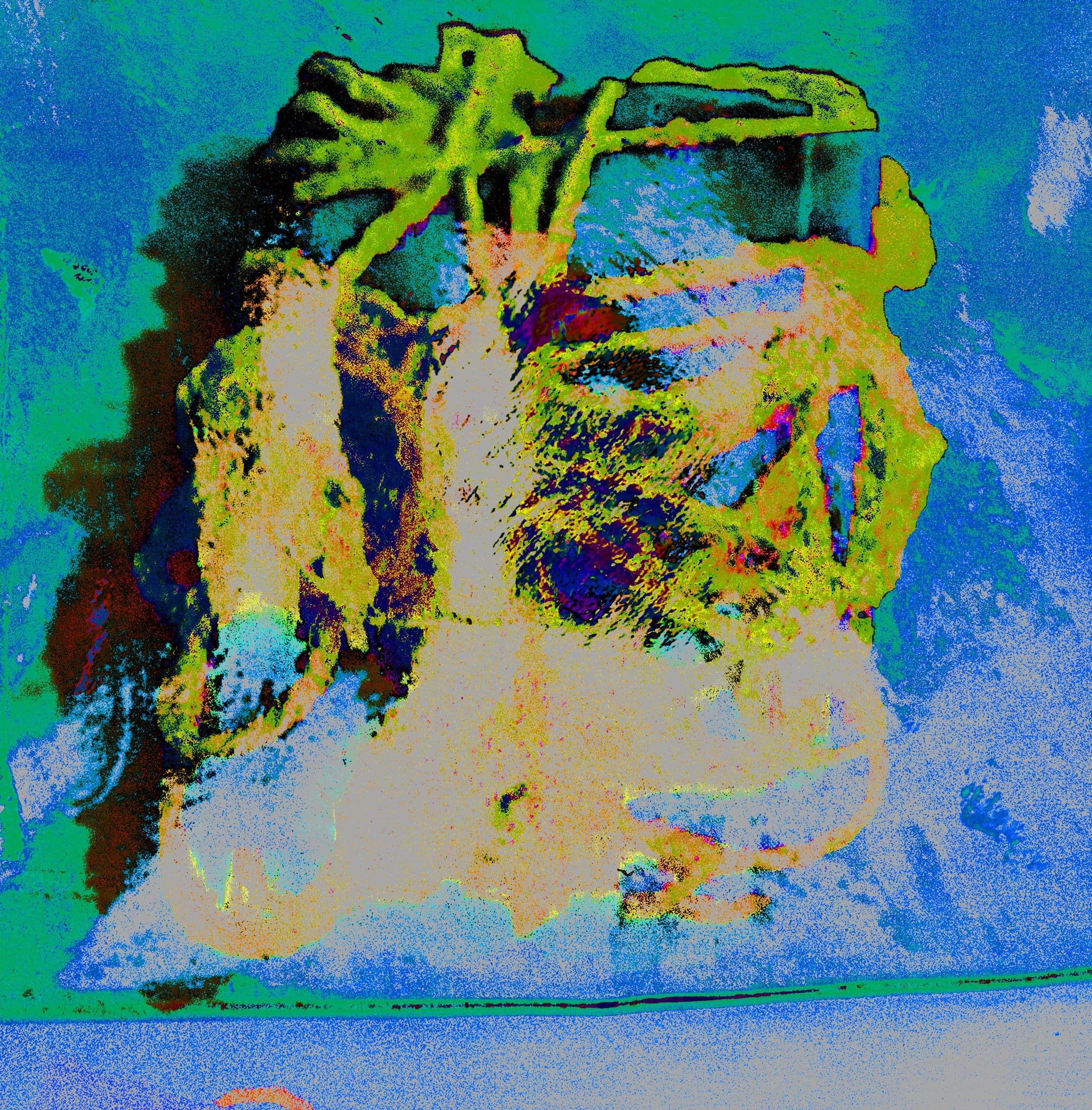 A shrub or plant mass rendered in acid yellow-green and cream against a broken blue field, colour separated into hard posterised bands.